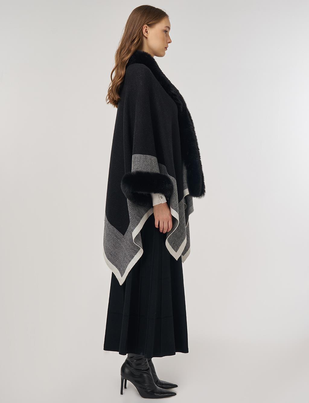  Faux Fur Detailed Poncho Black