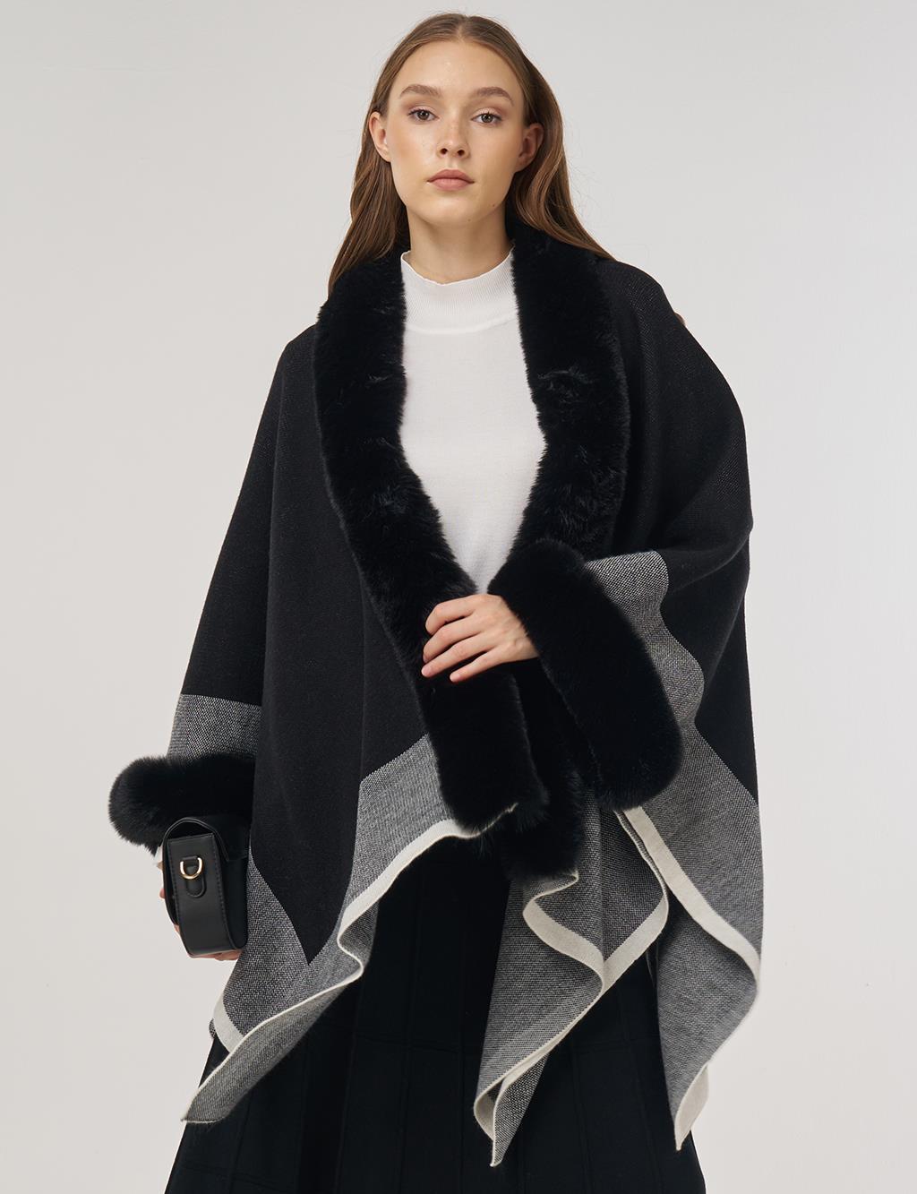  Faux Fur Detailed Poncho Black