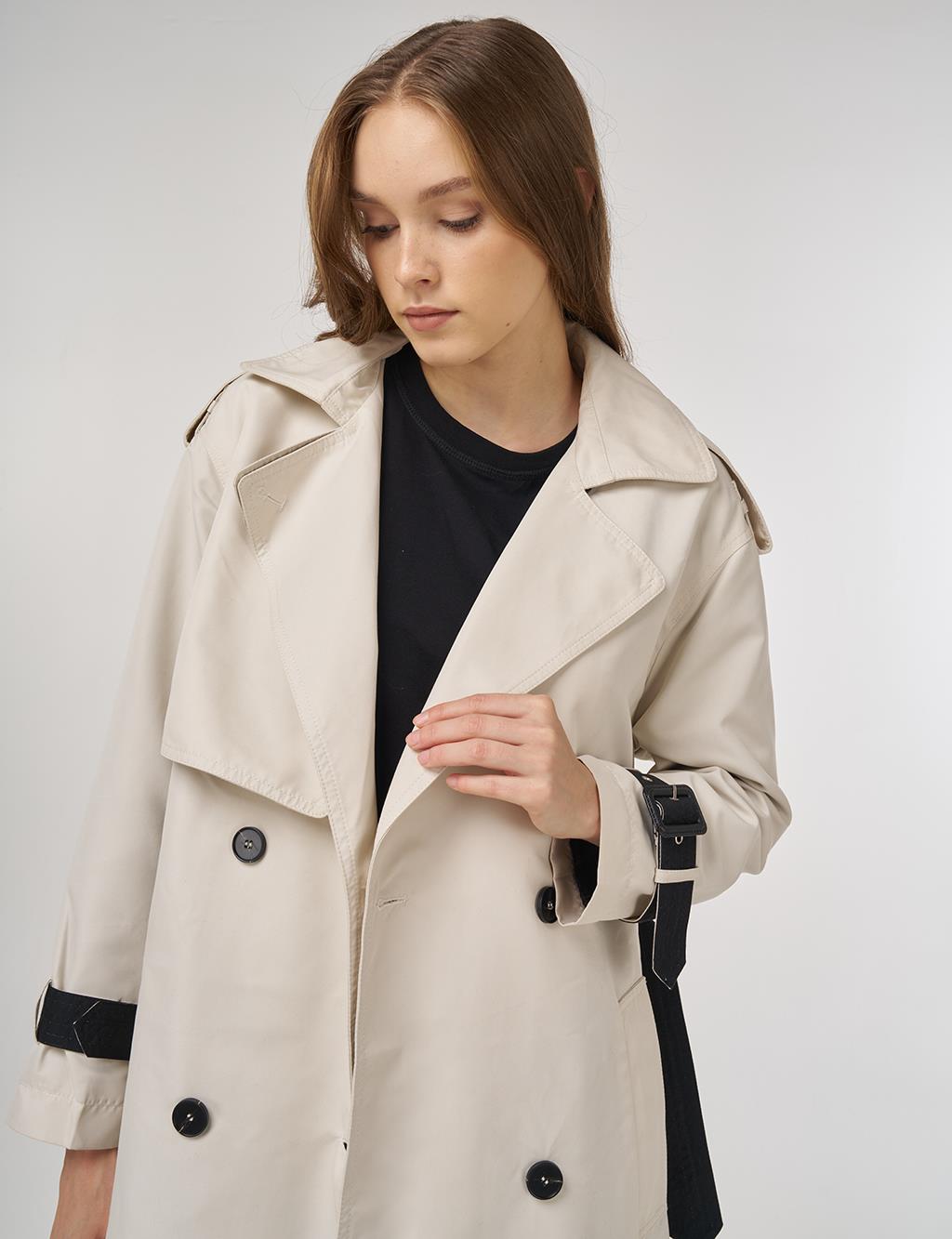 Epaulet Detailed Trench Coat Stone