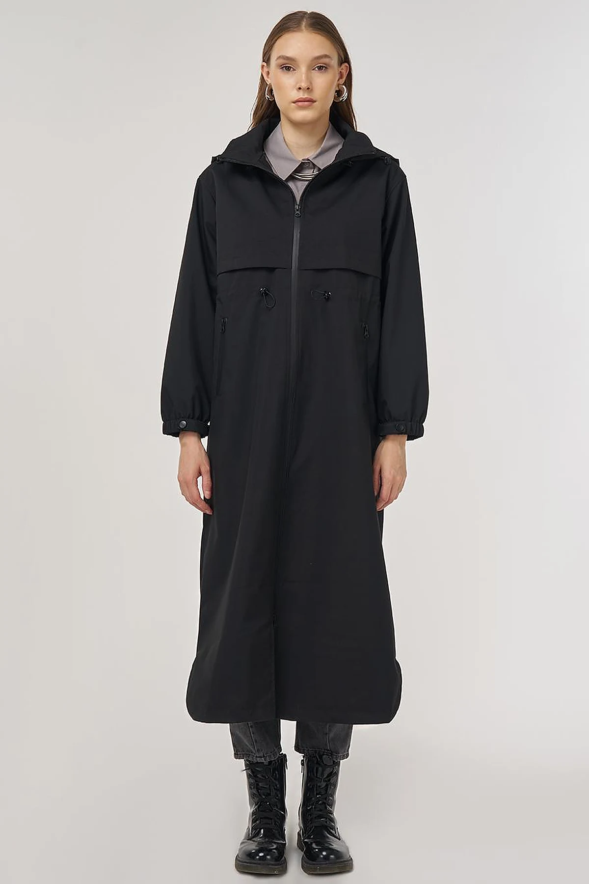 Drawstring Waist Stand-Up Collar Parka Black