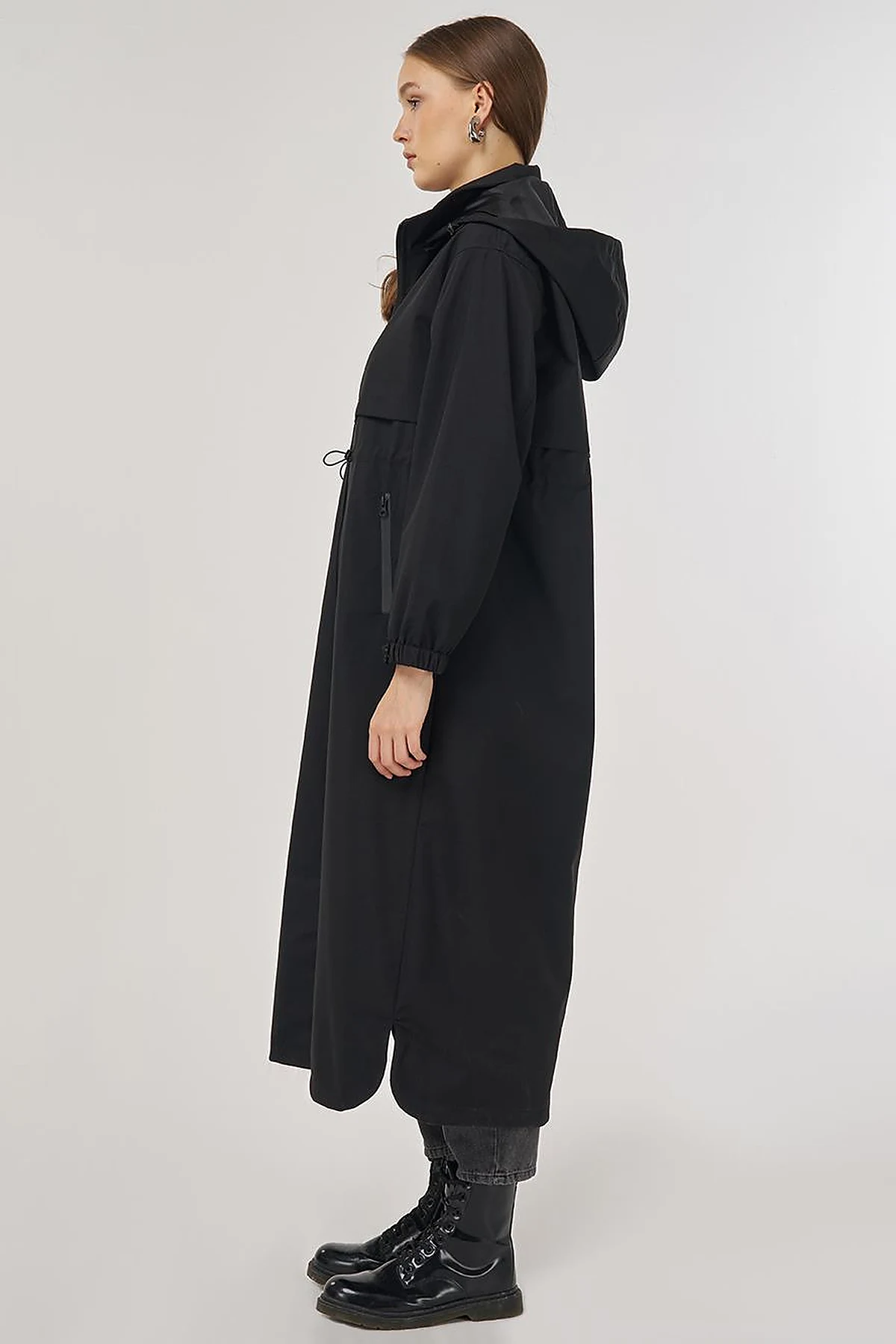 Drawstring Waist Stand-Up Collar Parka Black