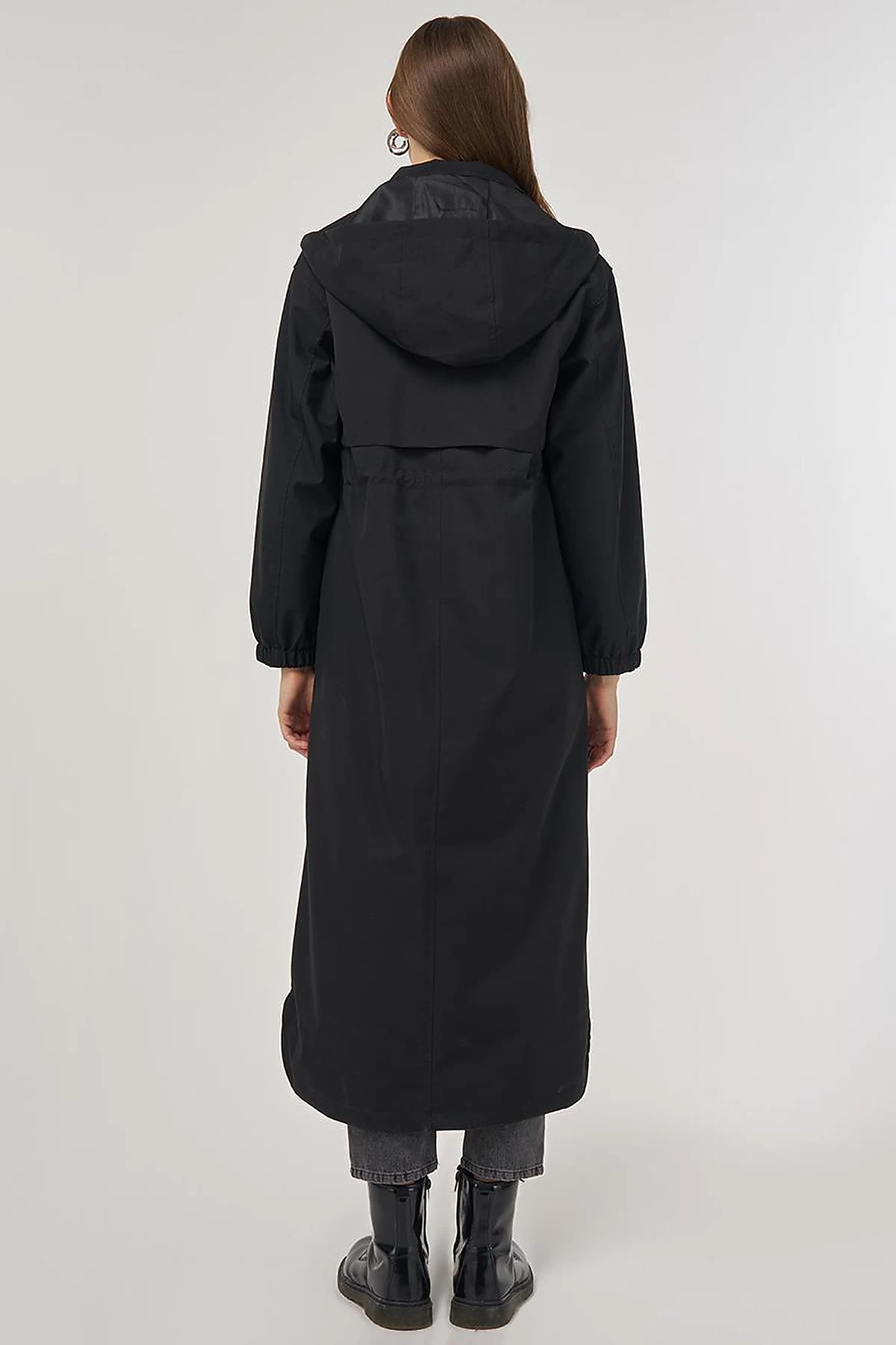 Drawstring Waist Stand-Up Collar Parka Black