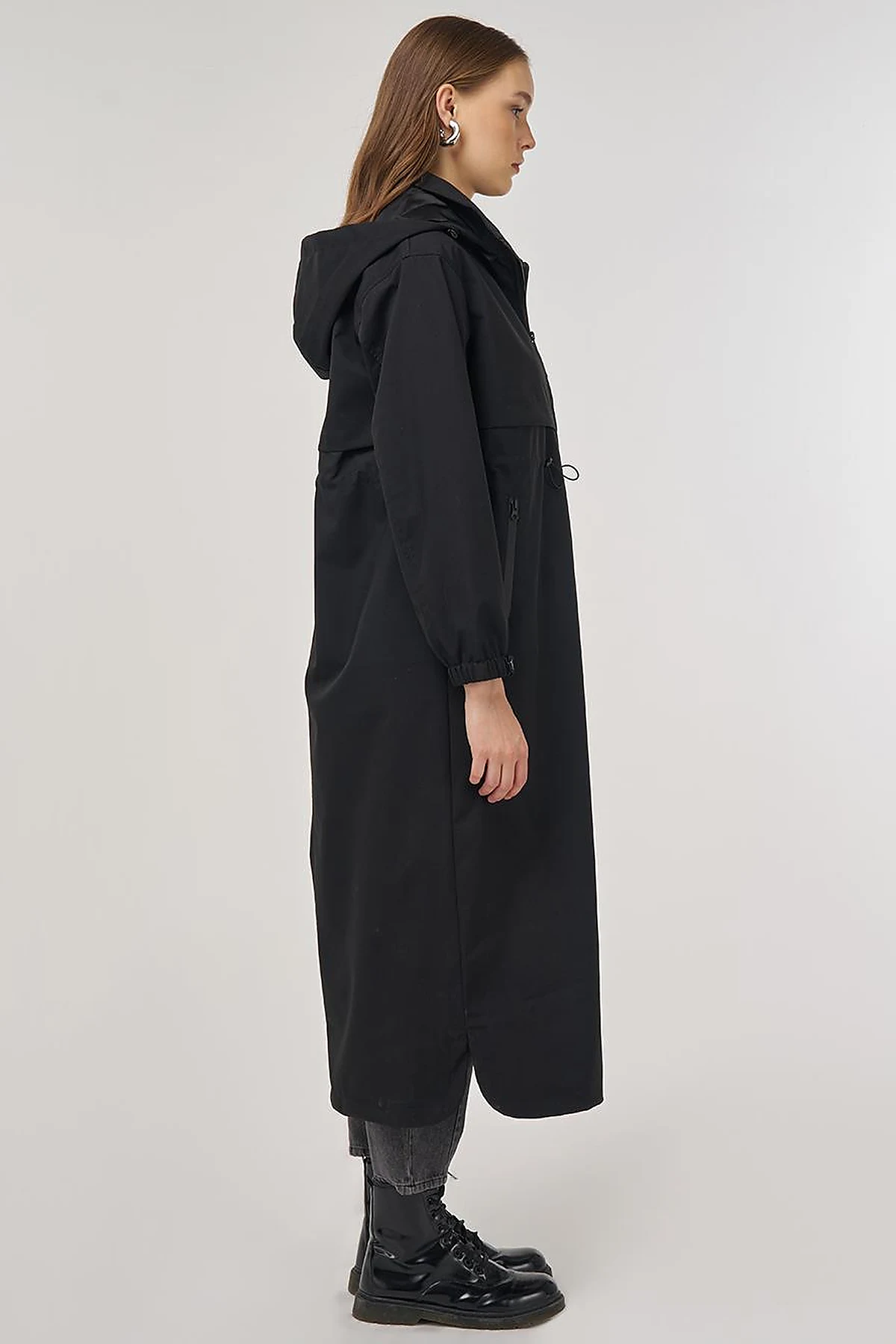 Drawstring Waist Stand-Up Collar Parka Black