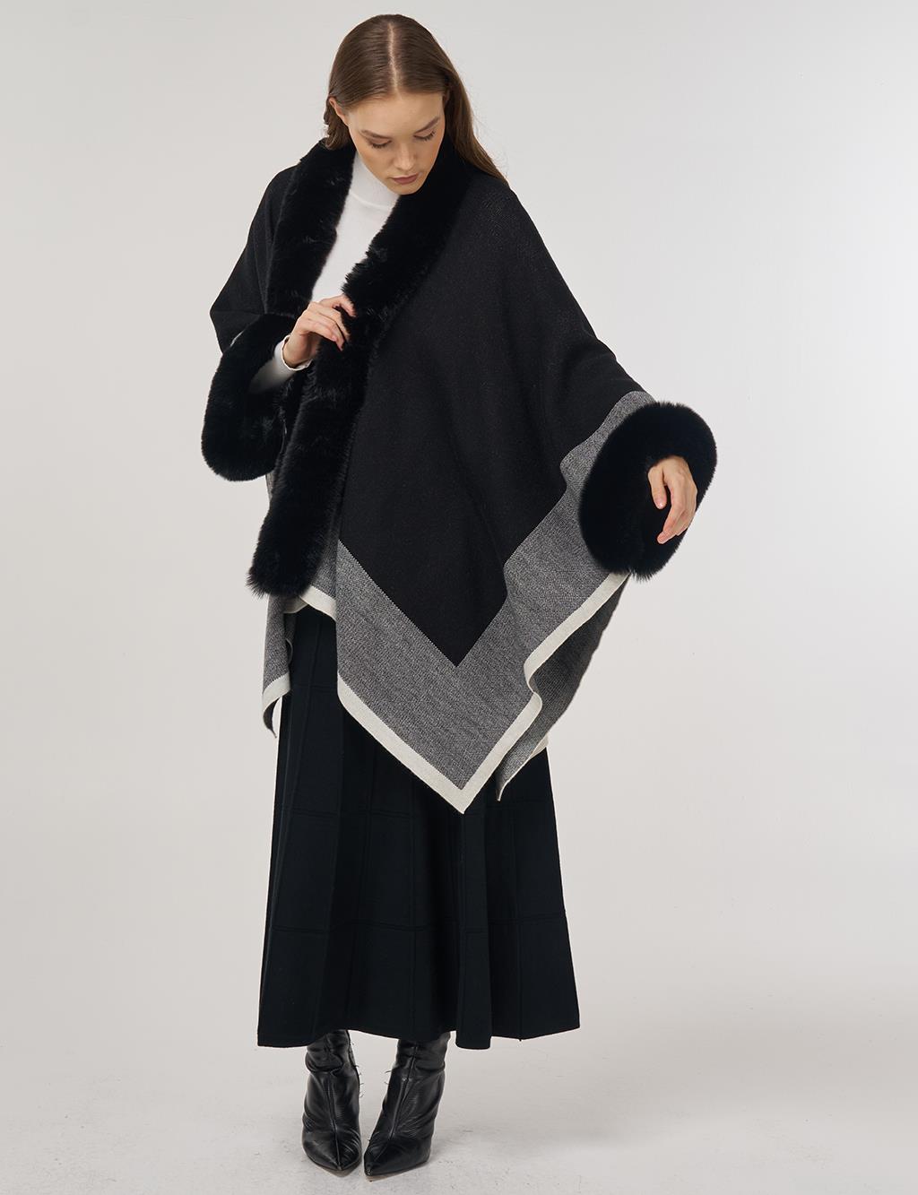  Faux Fur Detailed Poncho Black