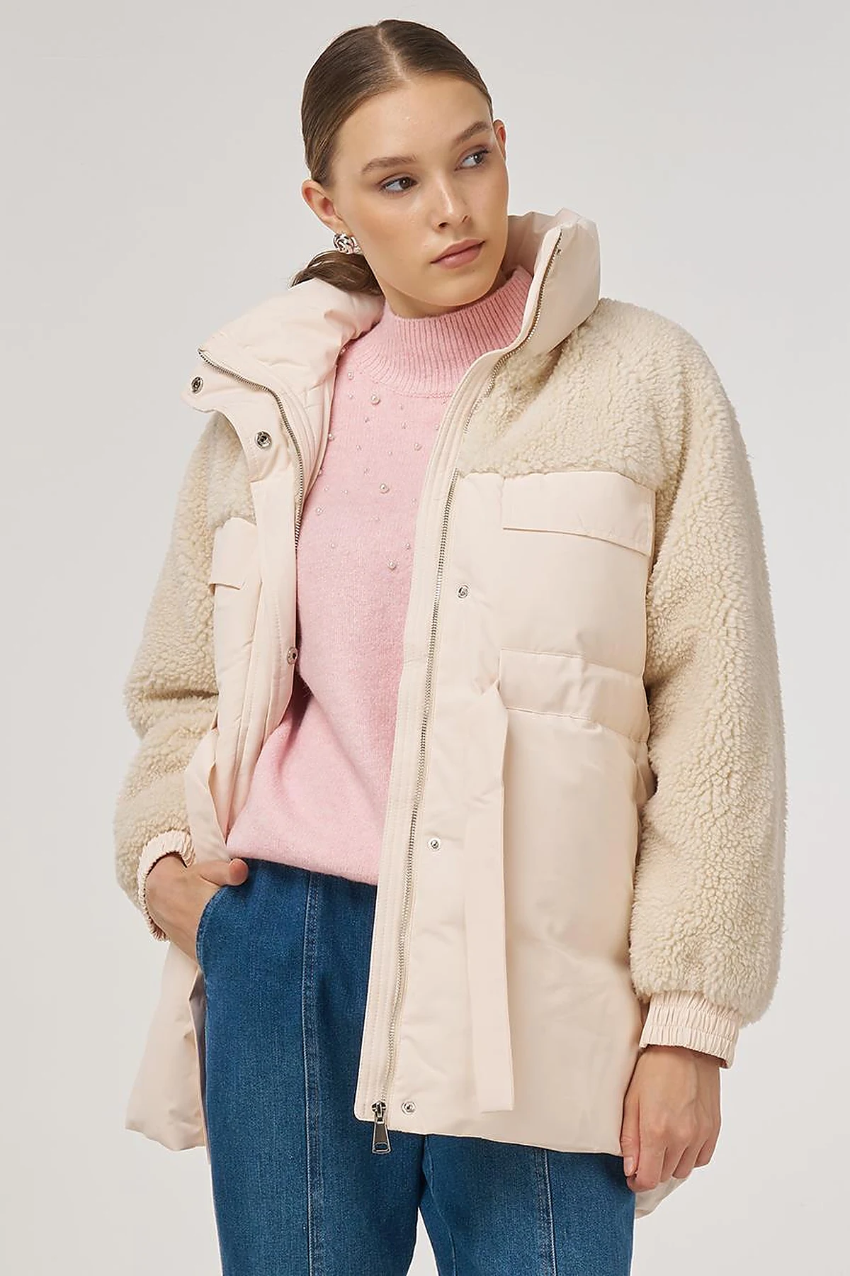 Pocket-Detail Plush Coat Cream 