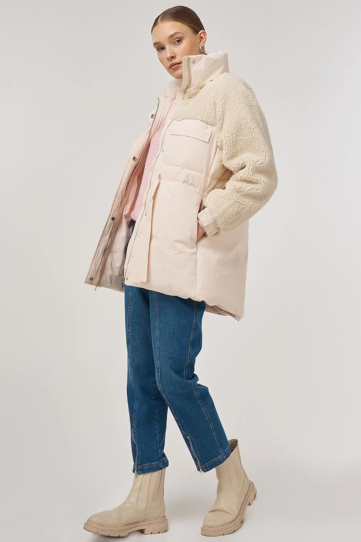 Pocket-Detail Plush Coat Cream 