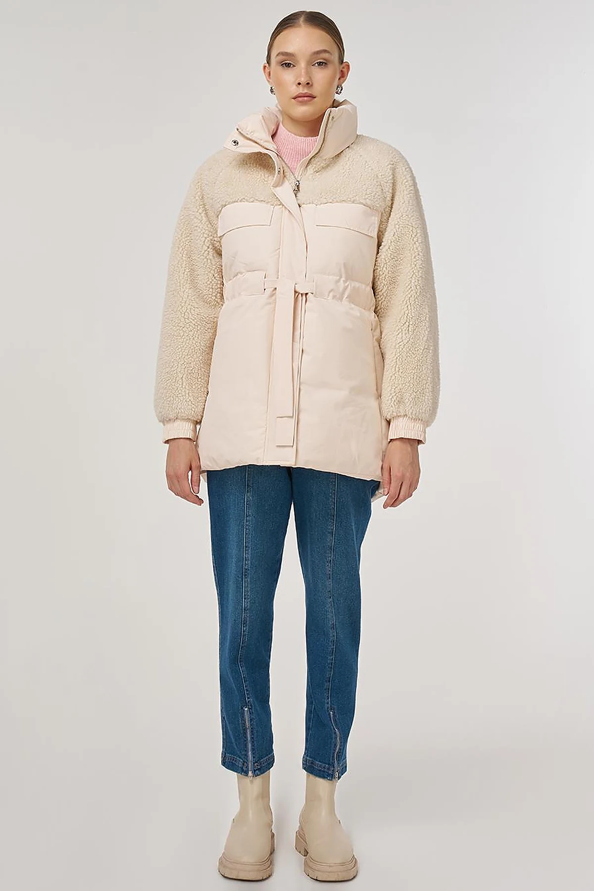 Pocket-Detail Plush Coat Cream 