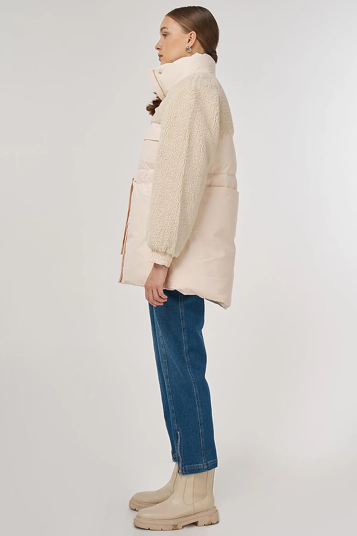 Pocket-Detail Plush Coat Cream 