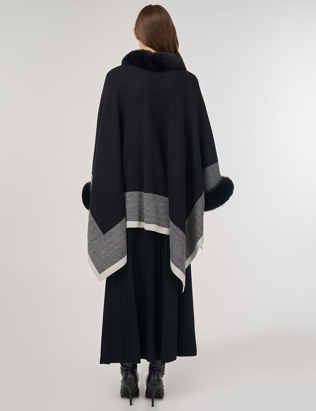  Faux Fur Detailed Poncho Black