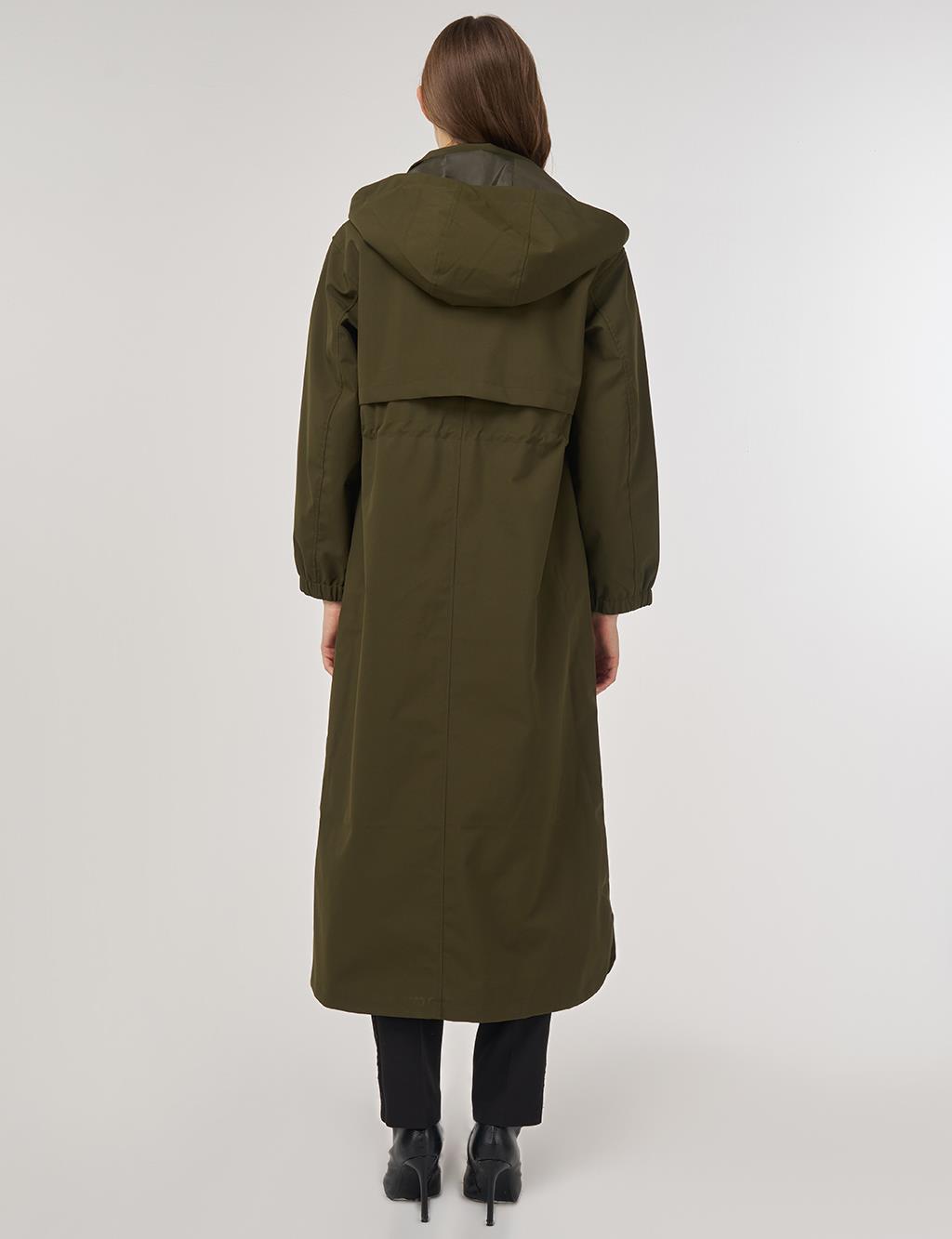 Bel Büzgülü Dik Yaka Parka Haki