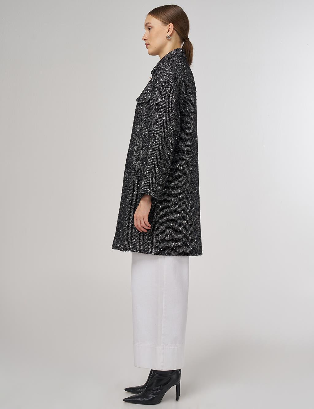 Kapak Cepli Yün Kaban Siyah