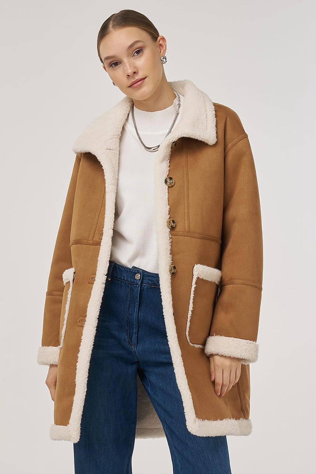 Patch Pocket Suede Coat Camel