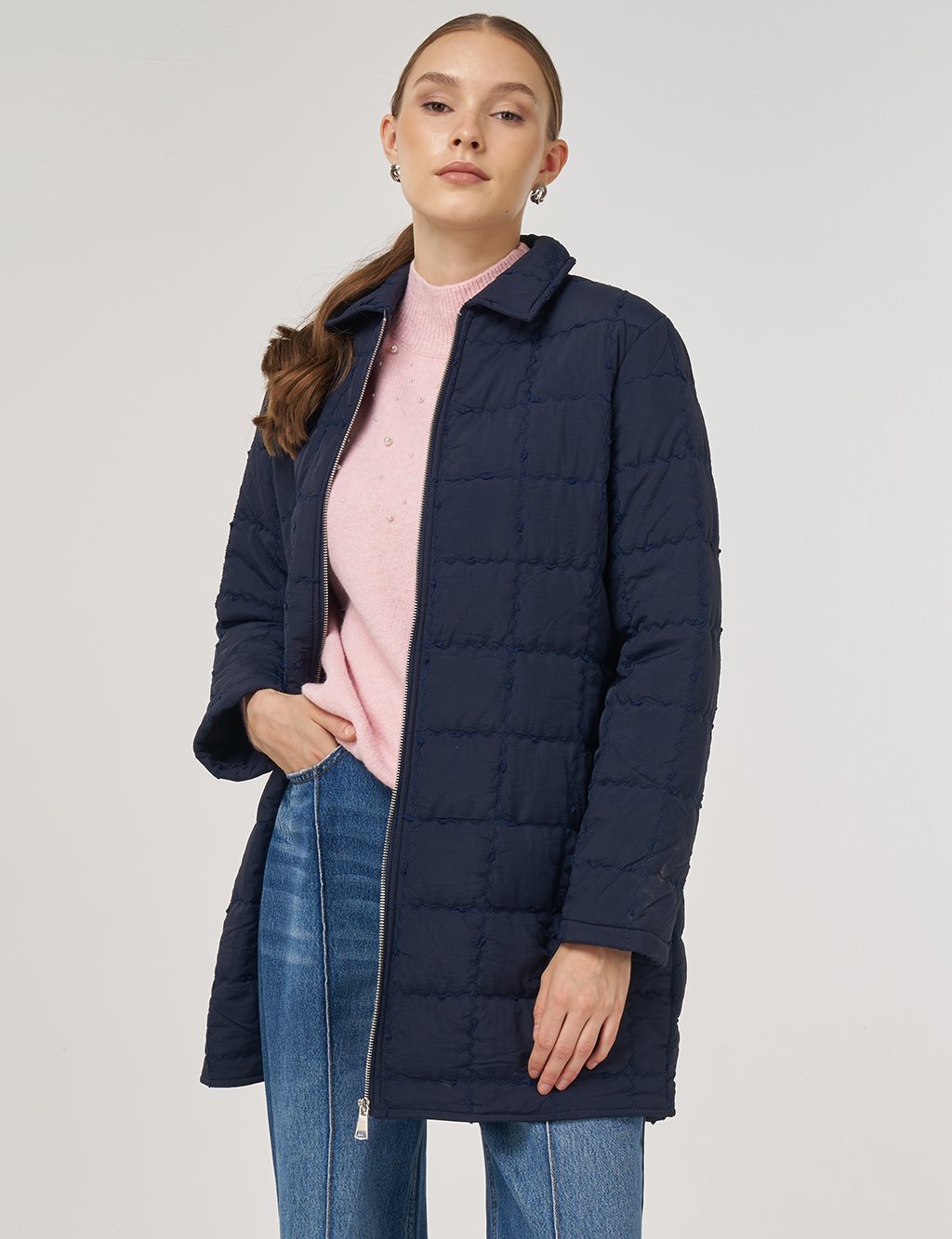 Rib-Stitched Short Anorak Jacket Navy
