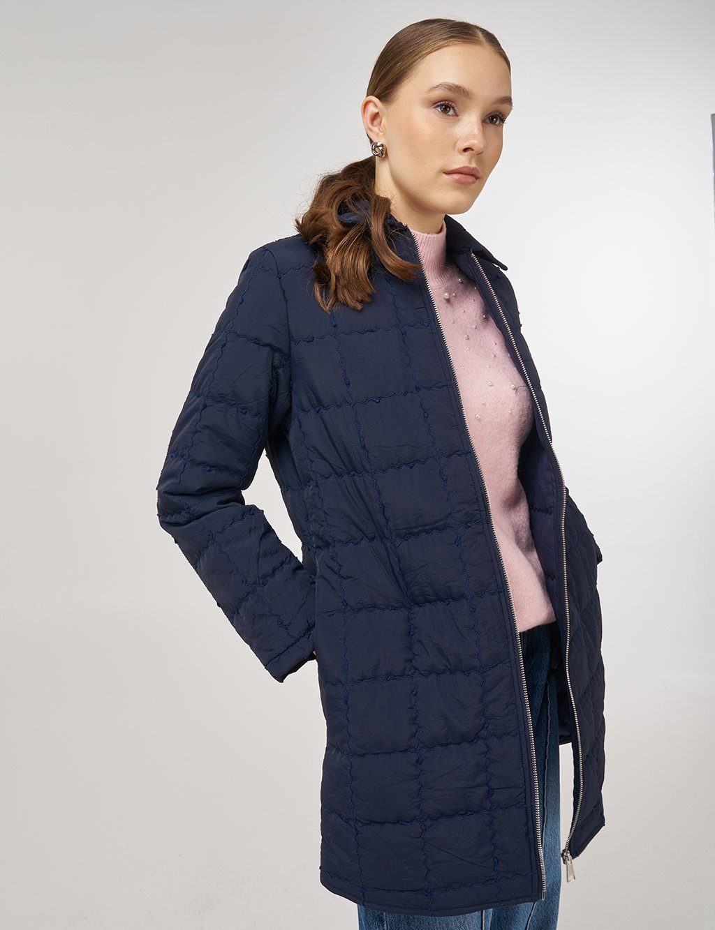 Rib-Stitched Short Anorak Jacket Navy