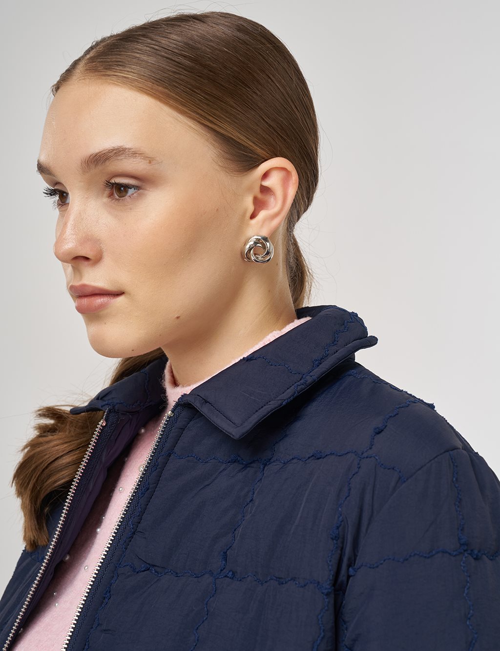 Rib-Stitched Short Anorak Jacket Navy