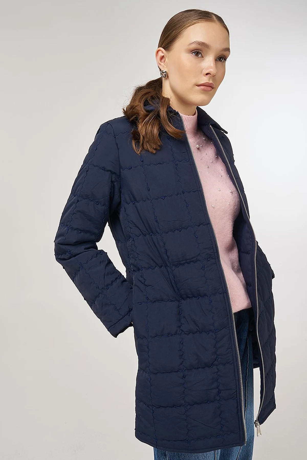 Rib-Stitched Short Anorak Jacket Navy