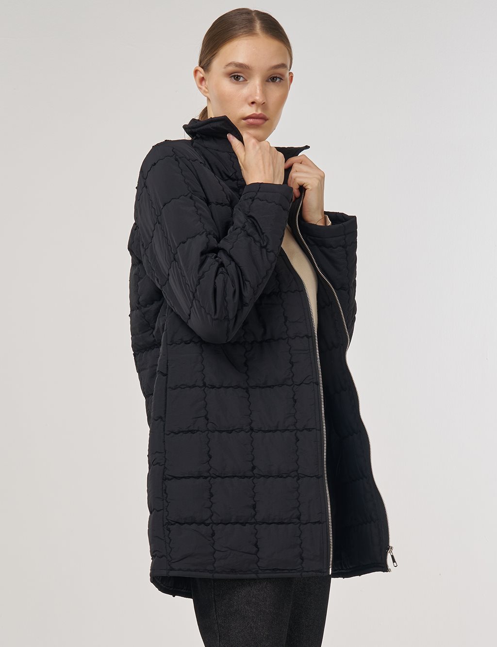 Rib-Stitched Short Anorak Jacket Black