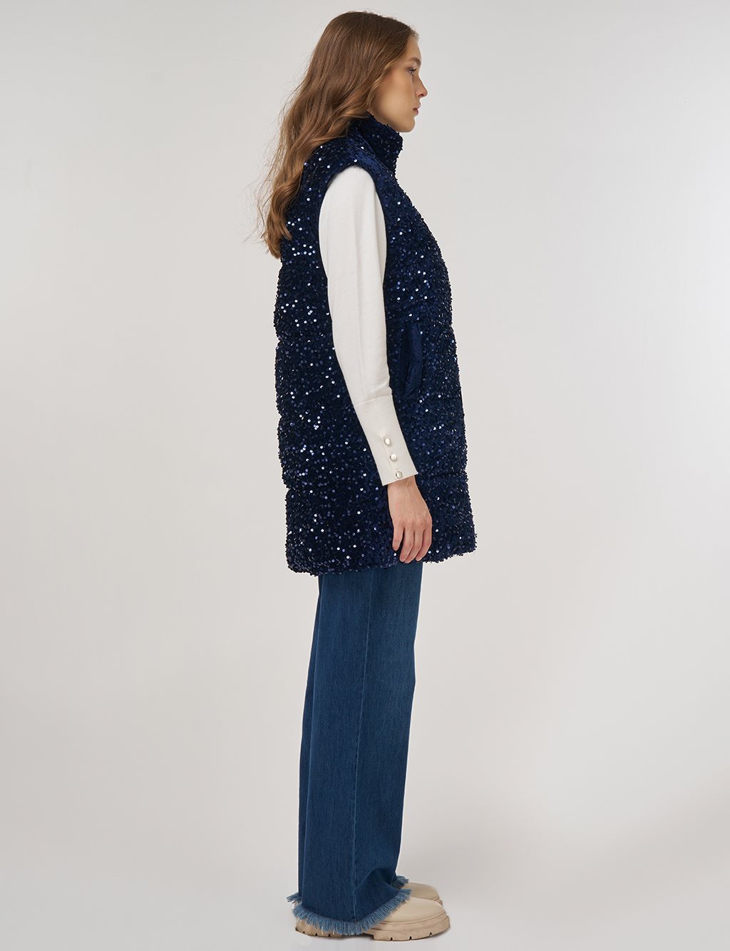 Sequin-Embroidered Puffer Vest Dark Navy