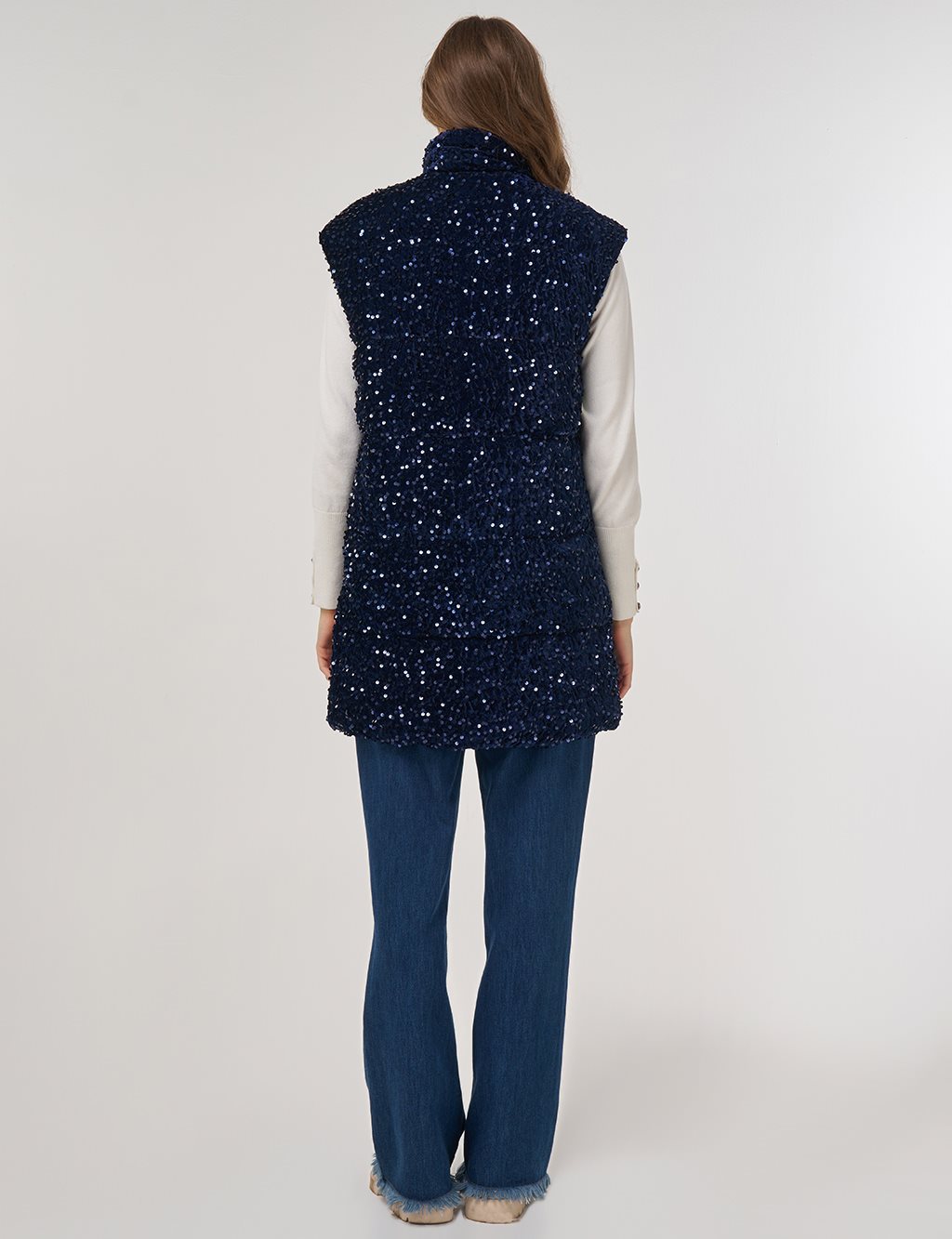 Sequin-Embroidered Puffer Vest Dark Navy