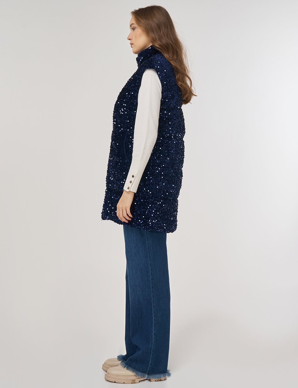 Sequin-Embroidered Puffer Vest Dark Navy