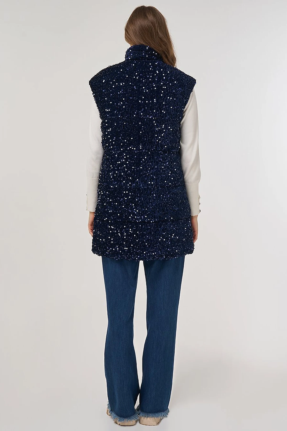 Sequin-Embroidered Puffer Vest Dark Navy