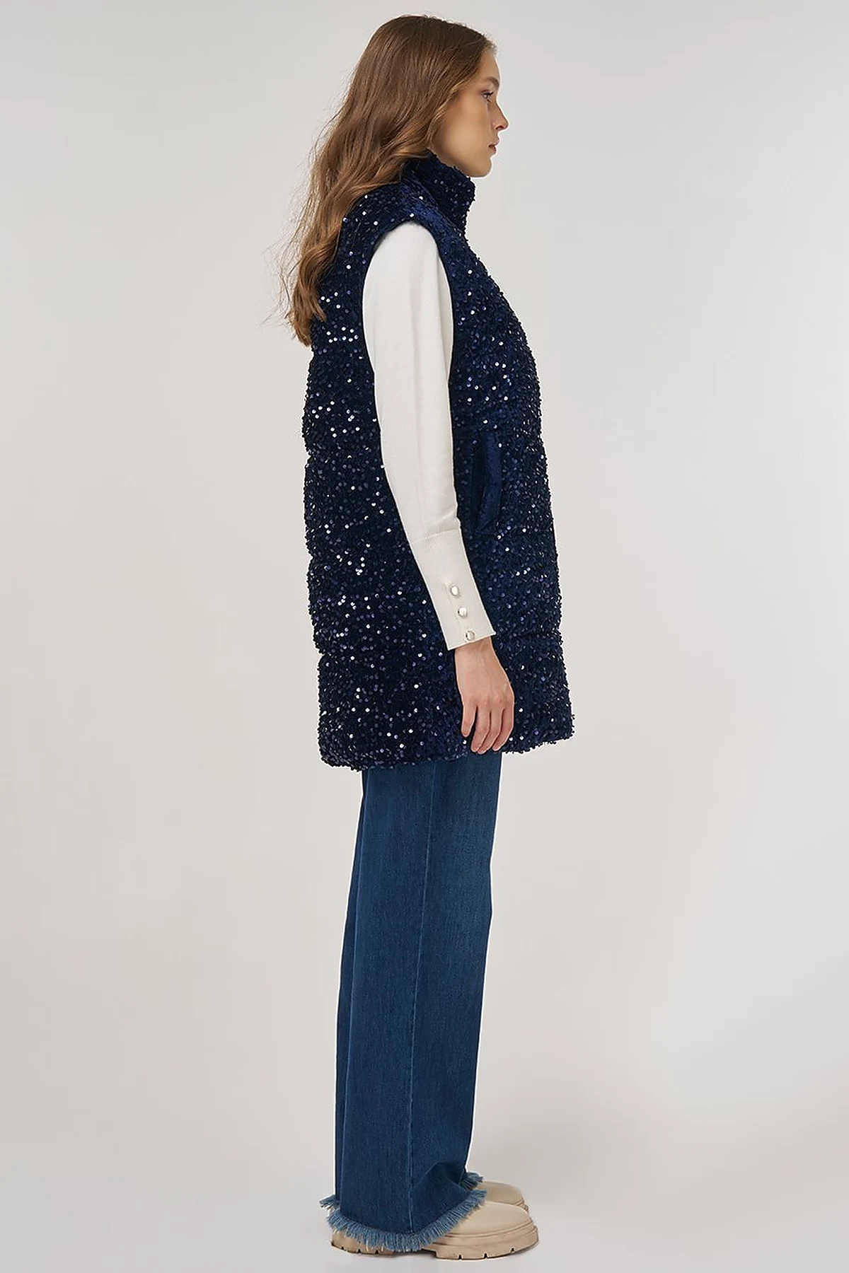 Sequin-Embroidered Puffer Vest Dark Navy