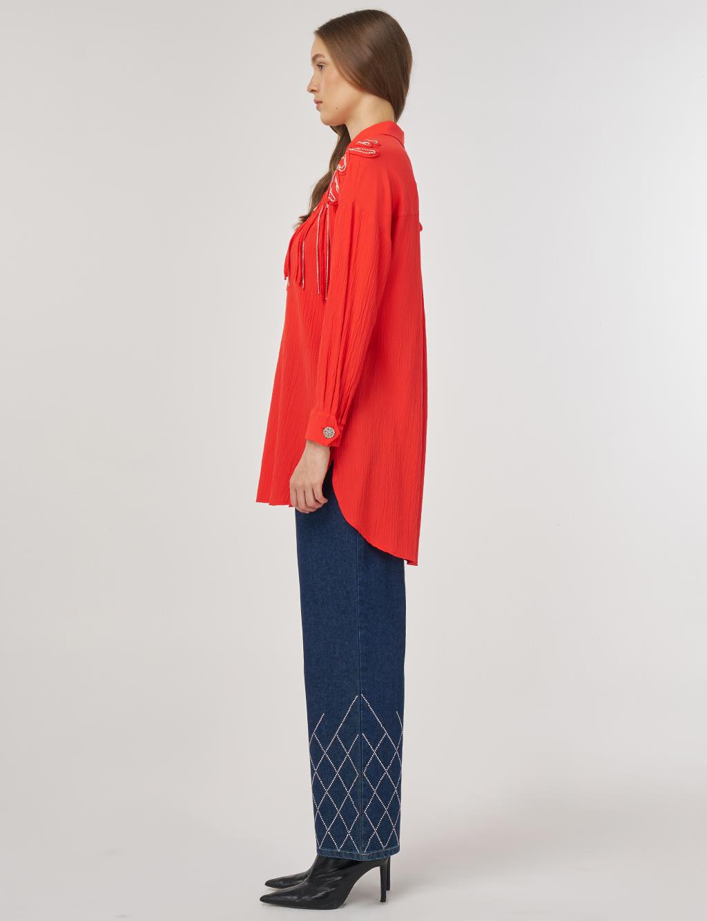 Embroidered Appliqué Viscose Tunic Red