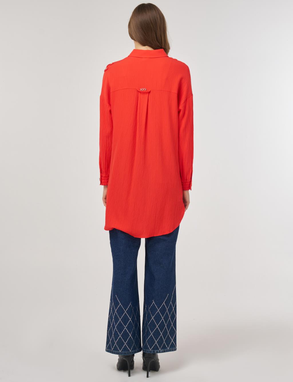 Embroidered Appliqué Viscose Tunic Red