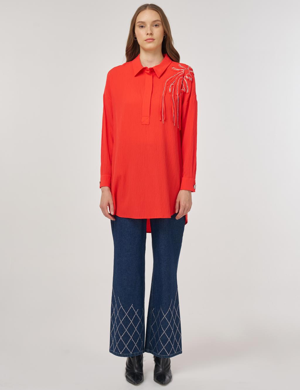 Embroidered Appliqué Viscose Tunic Red