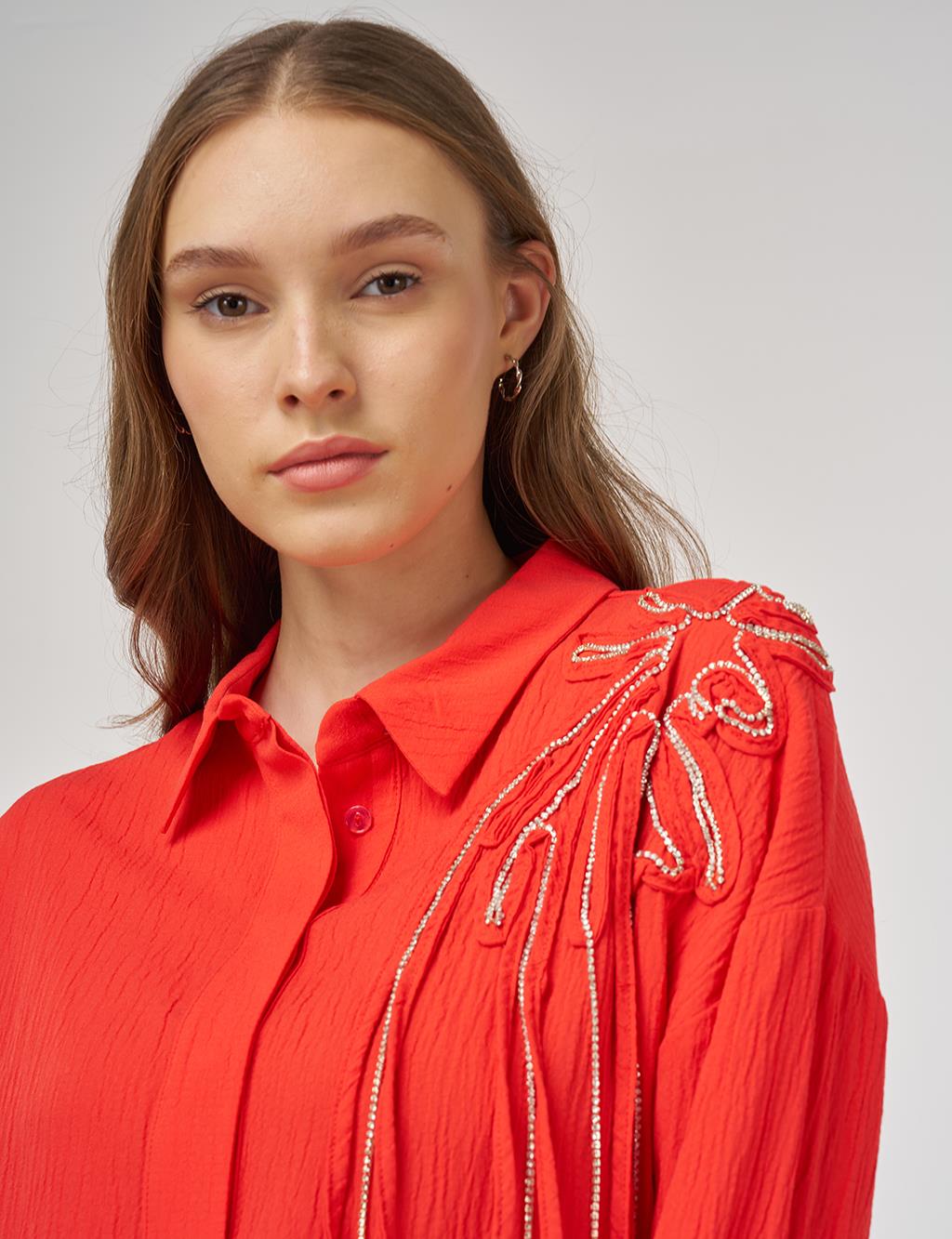 Embroidered Appliqué Viscose Tunic Red