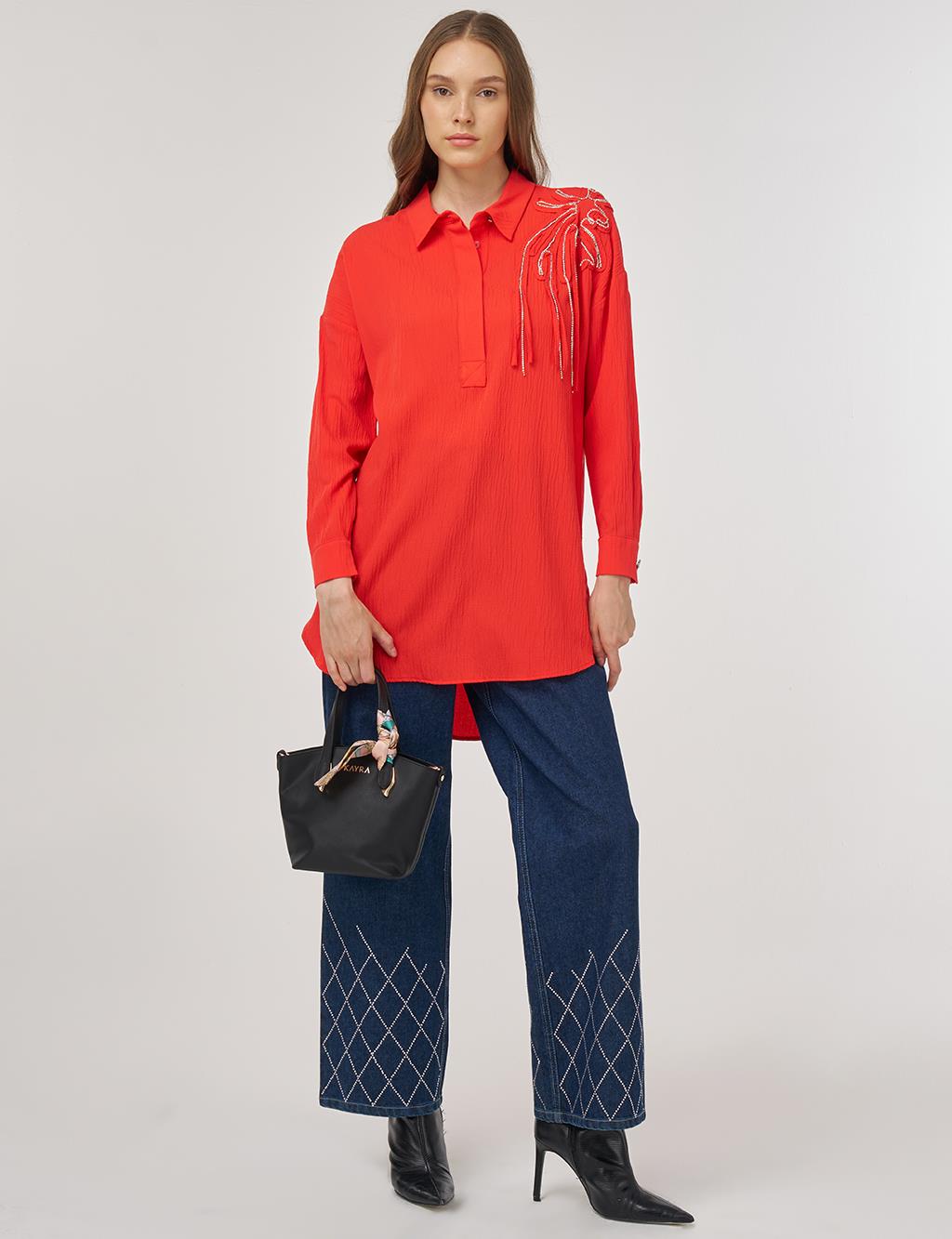 Embroidered Appliqué Viscose Tunic Red
