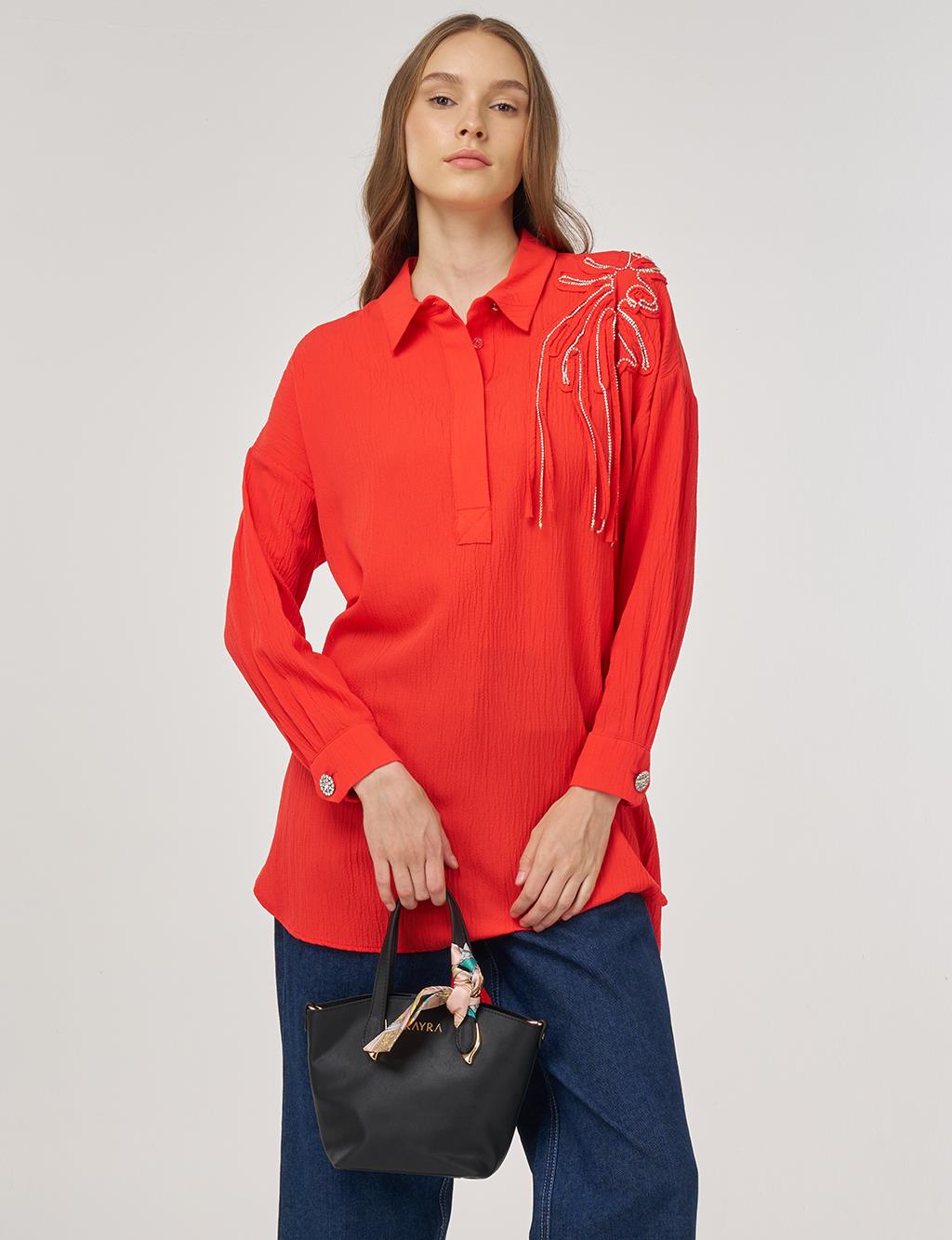 Embroidered Appliqué Viscose Tunic Red