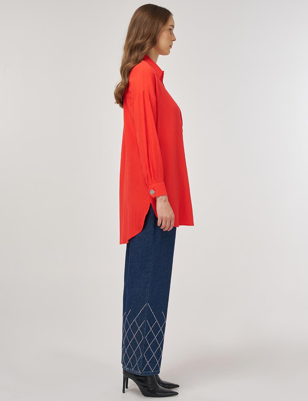 Embroidered Appliqué Viscose Tunic Red