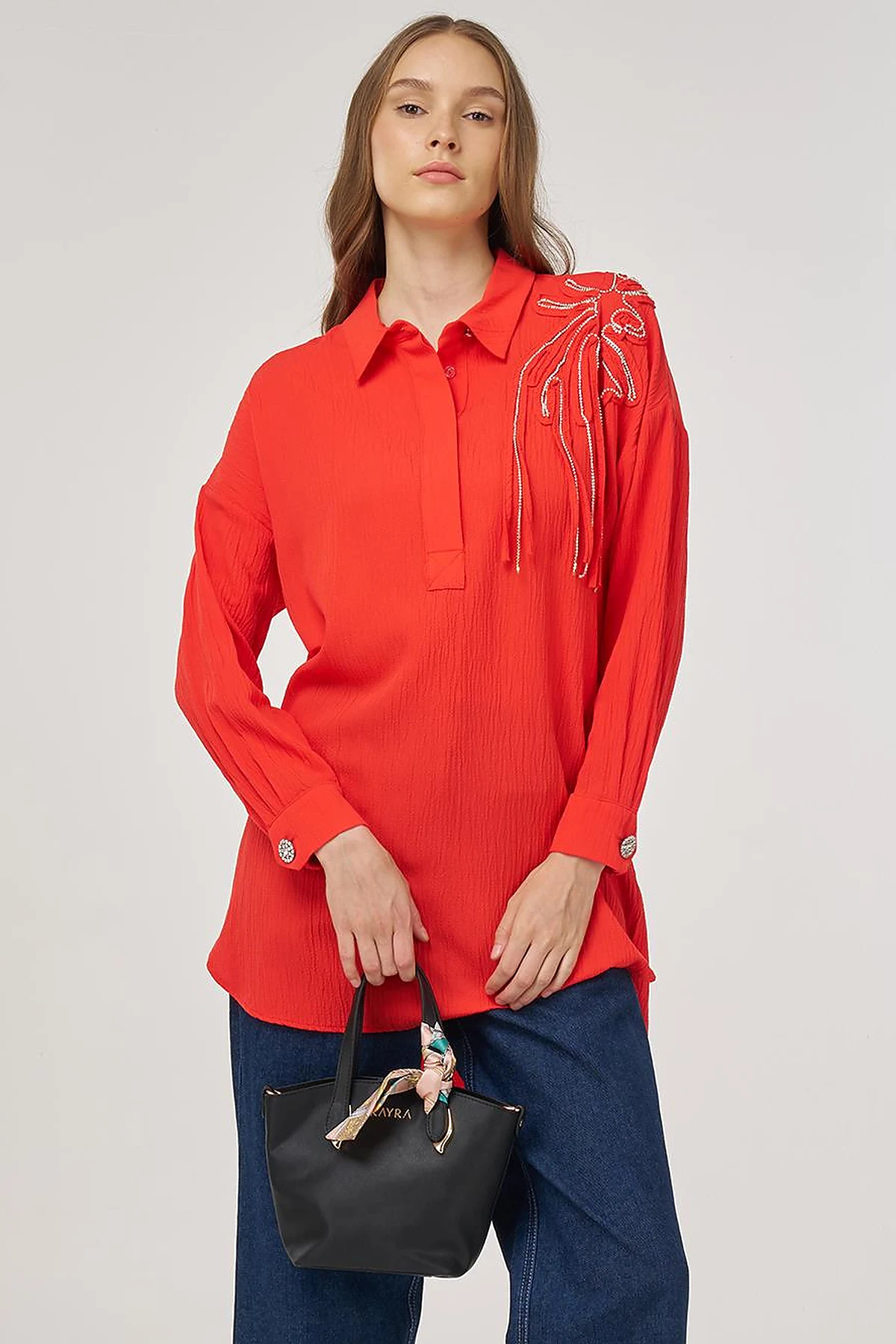 Embroidered Appliqué Viscose Tunic Red