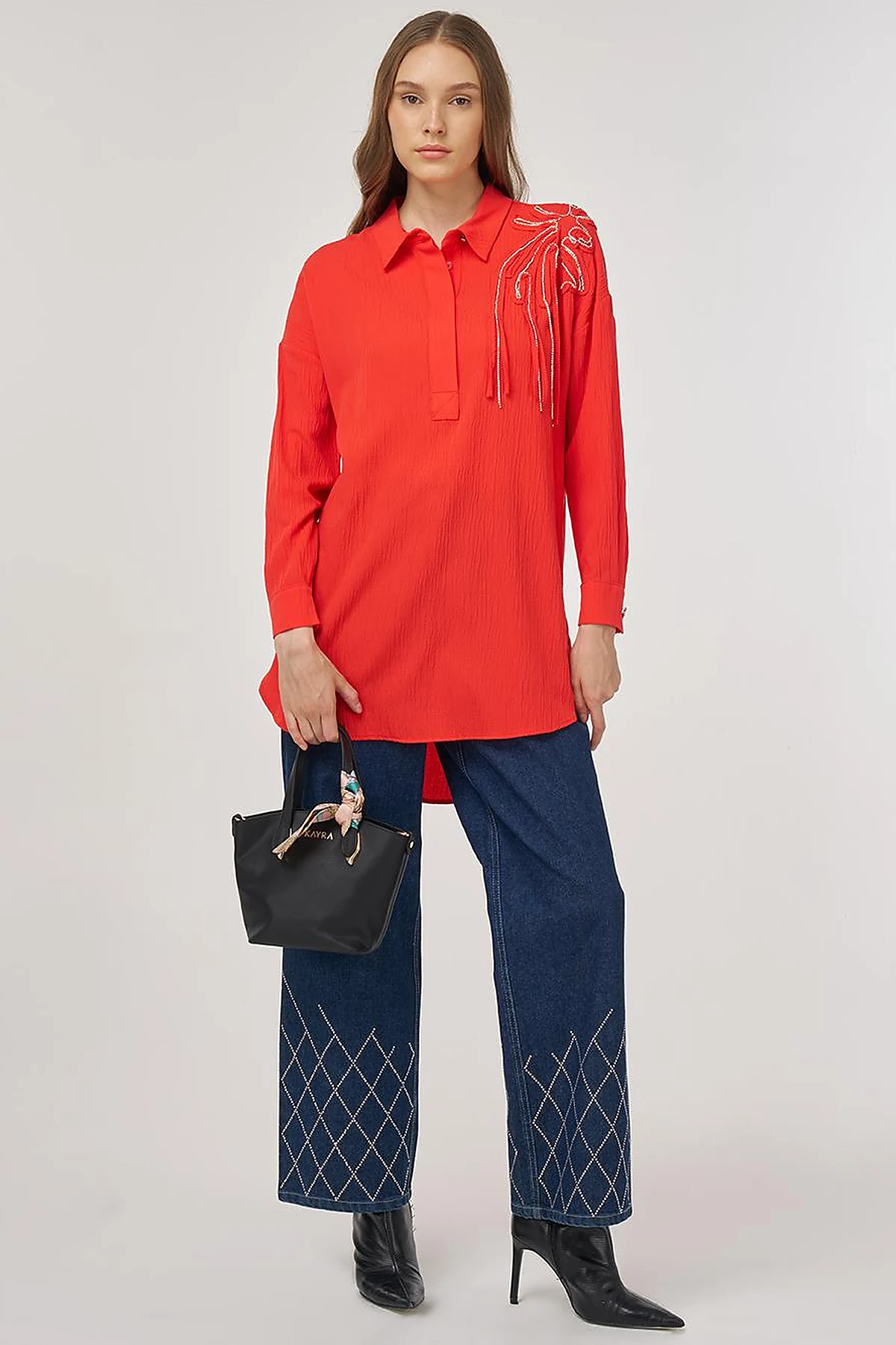 Embroidered Appliqué Viscose Tunic Red