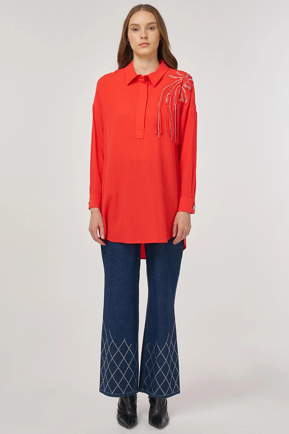 Embroidered Appliqué Viscose Tunic Red