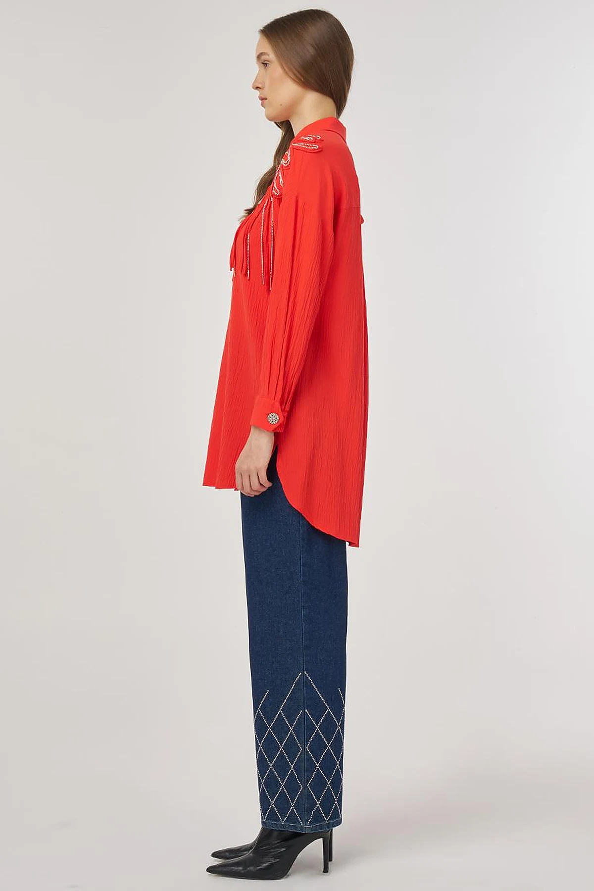 Embroidered Appliqué Viscose Tunic Red
