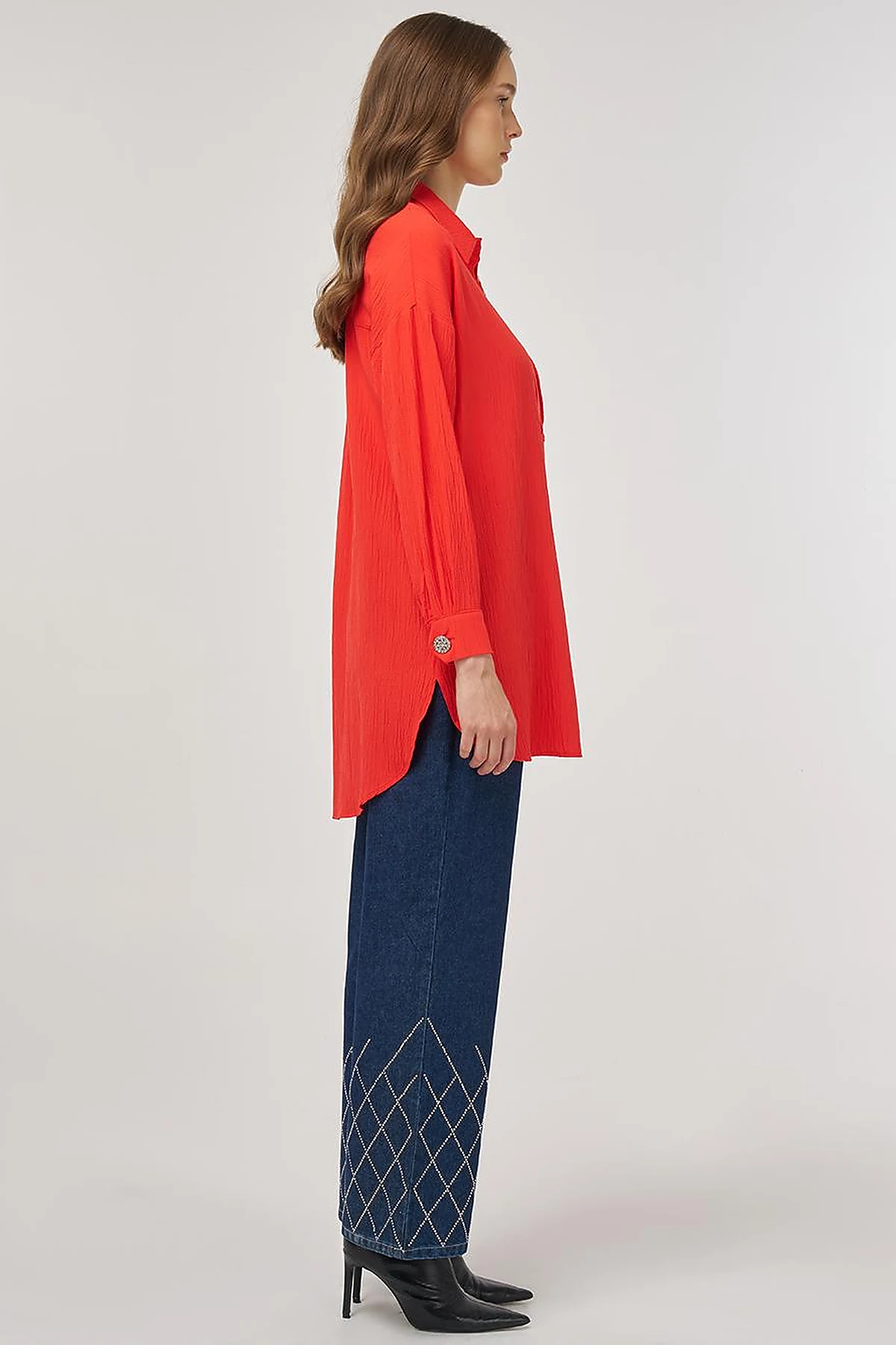 Embroidered Appliqué Viscose Tunic Red