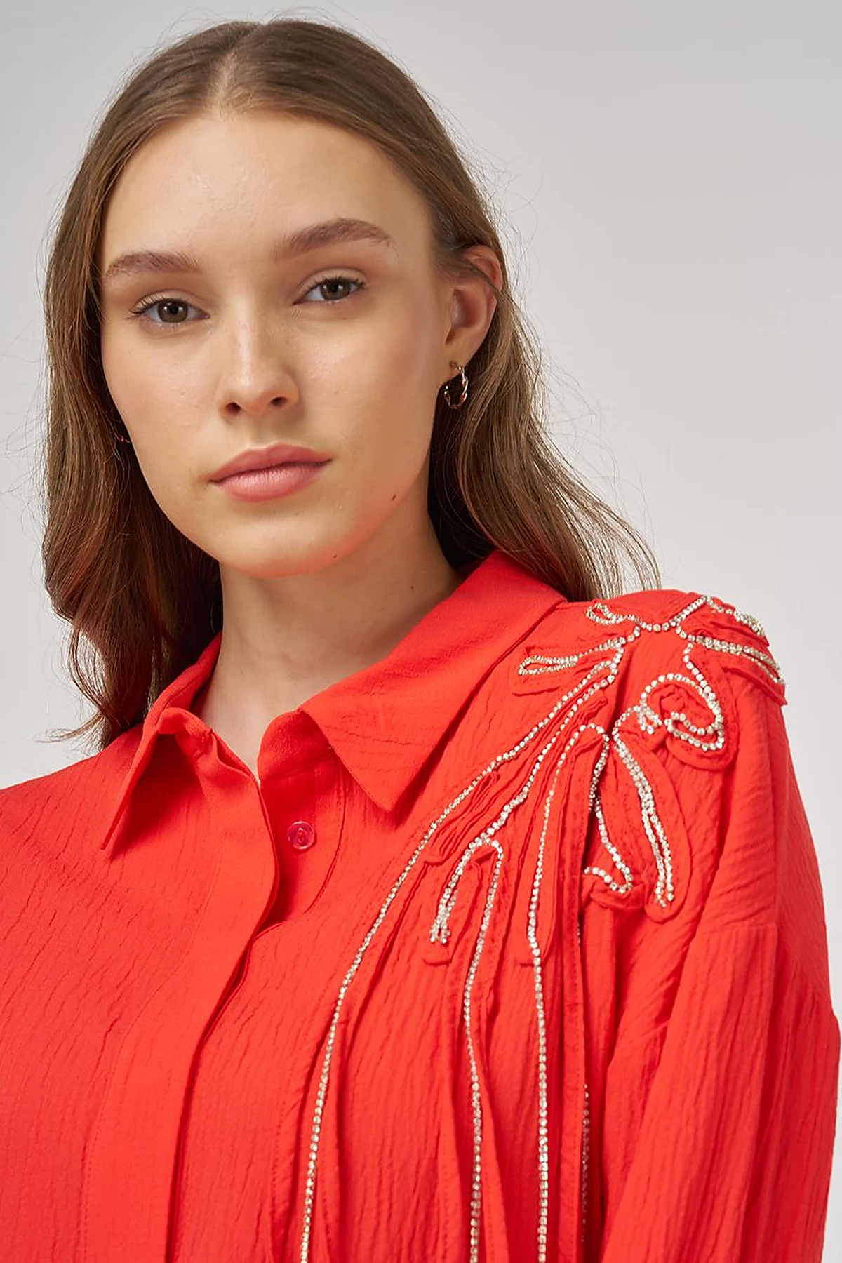 Embroidered Appliqué Viscose Tunic Red