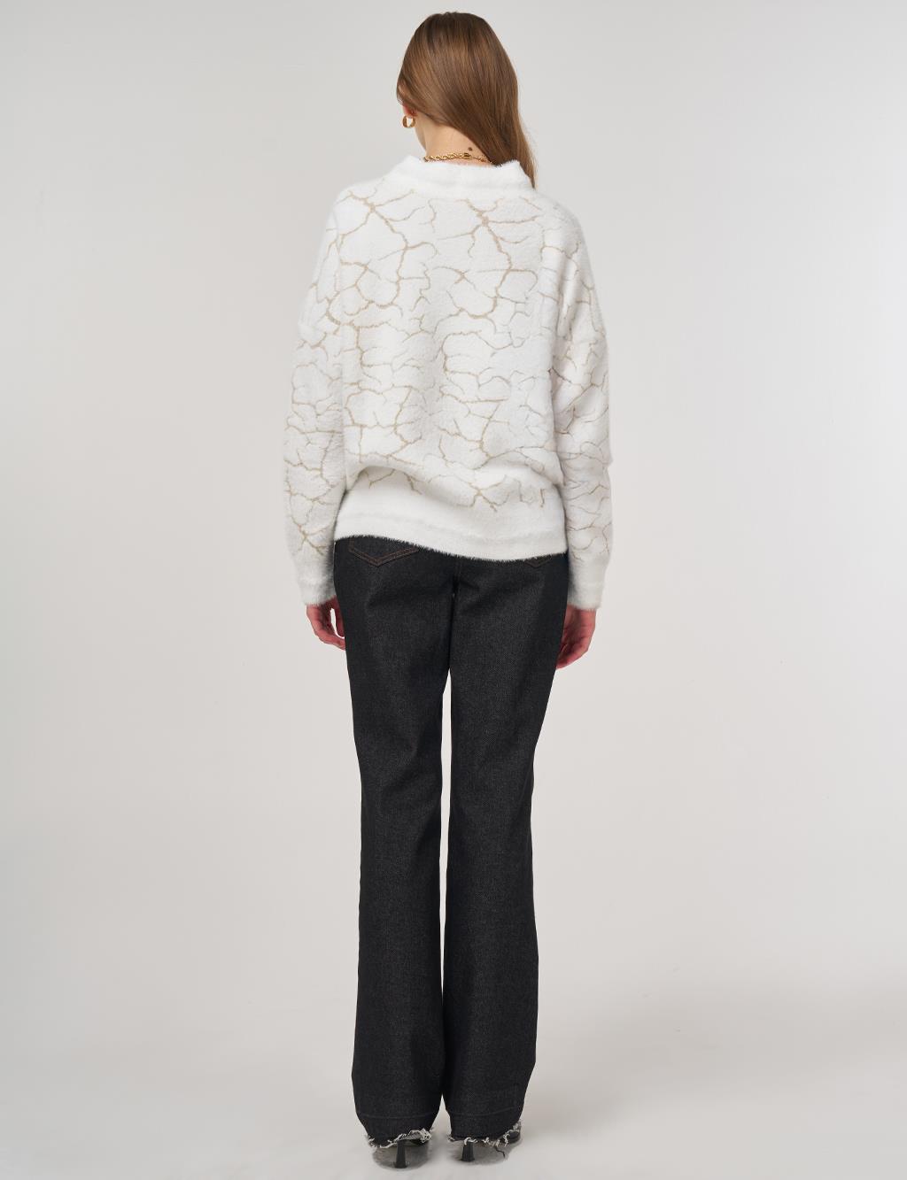 Marble-Pattern Knit Cardigan Ecru 