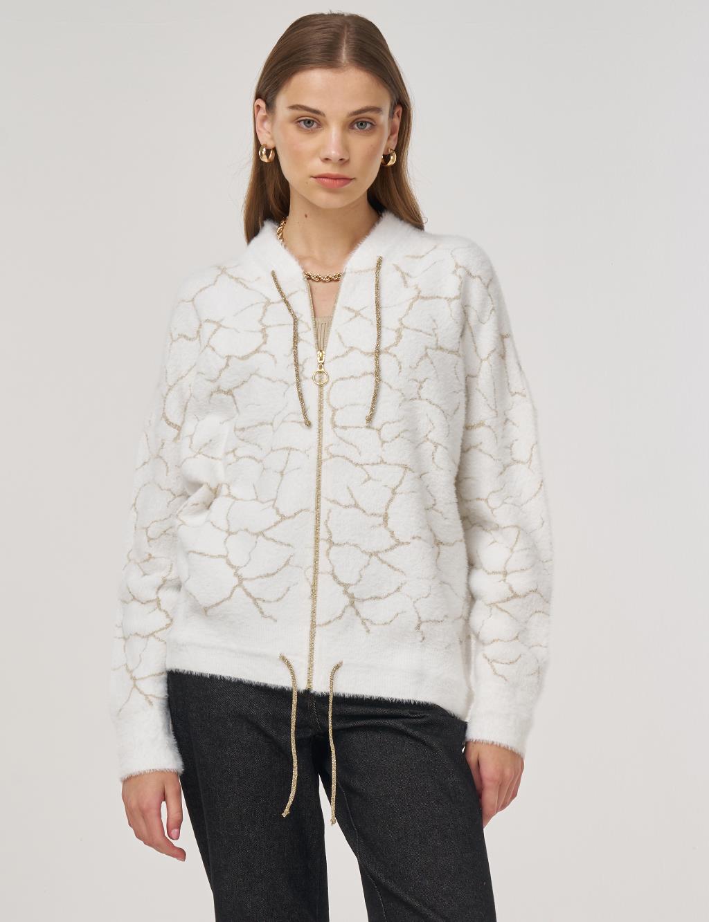 Marble-Pattern Knit Cardigan Ecru 