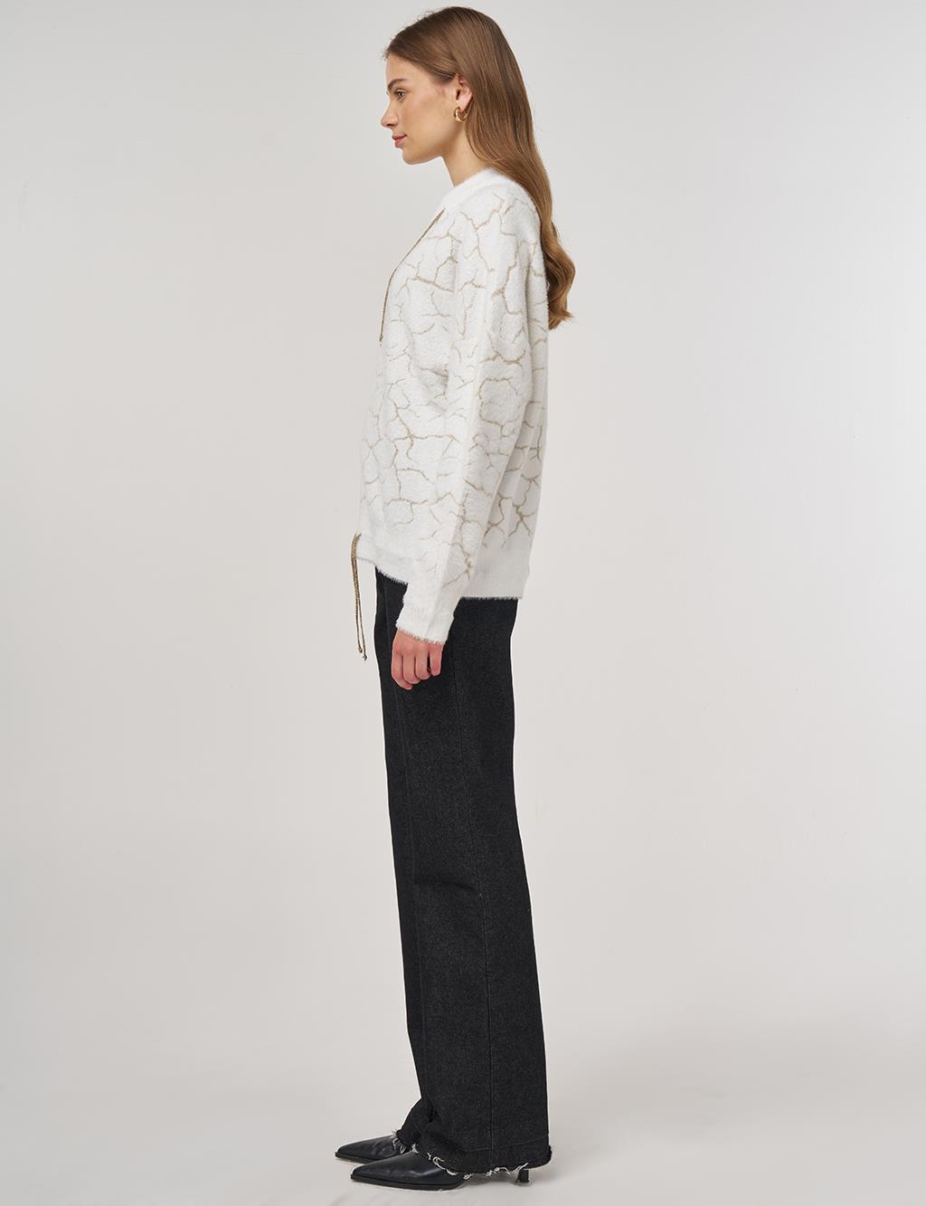 Marble-Pattern Knit Cardigan Ecru 