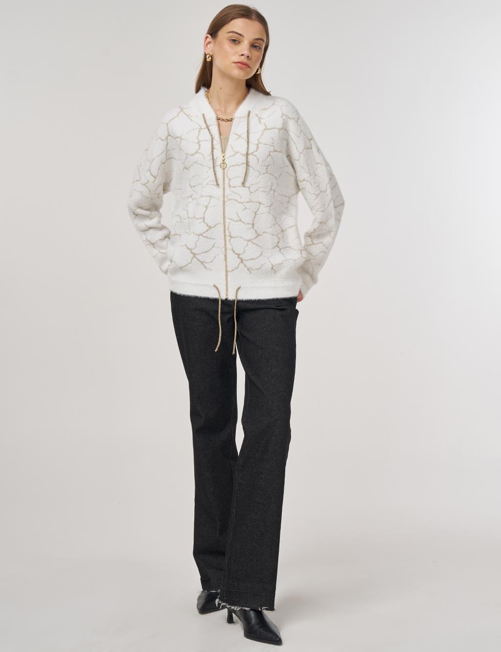 Marble-Pattern Knit Cardigan Ecru 