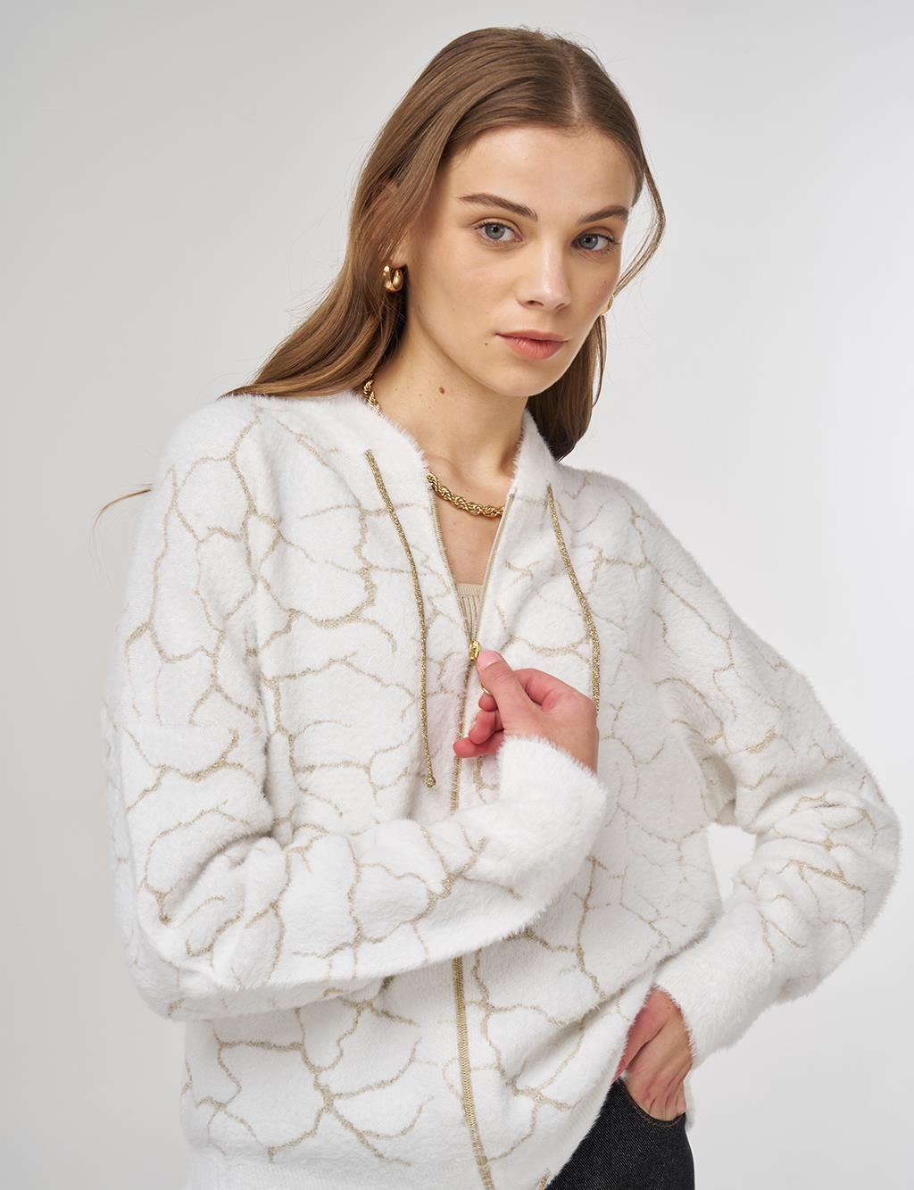 Marble-Pattern Knit Cardigan Ecru 