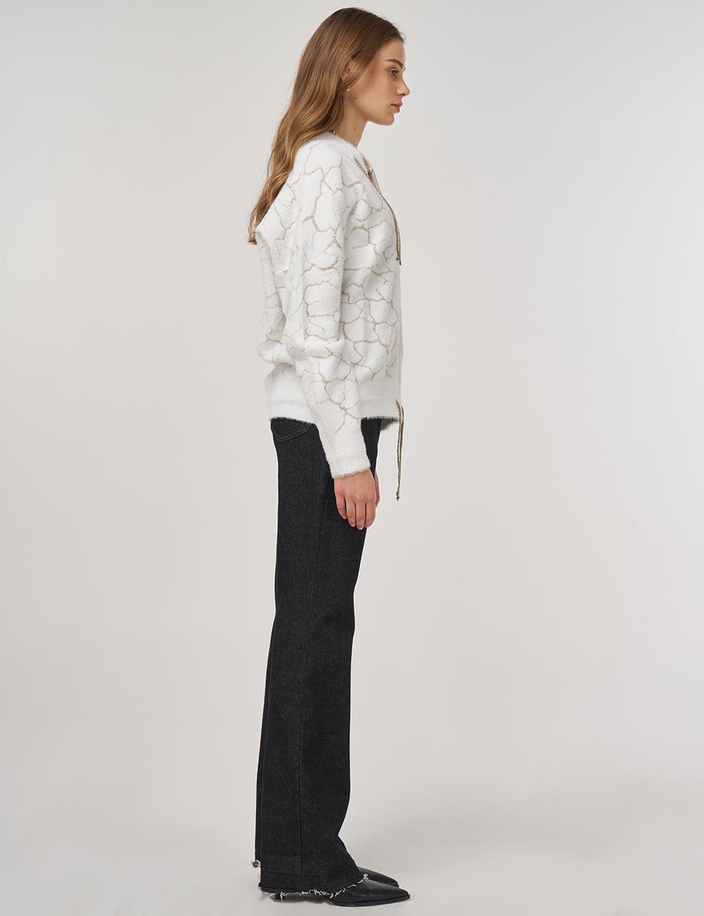 Marble-Pattern Knit Cardigan Ecru 