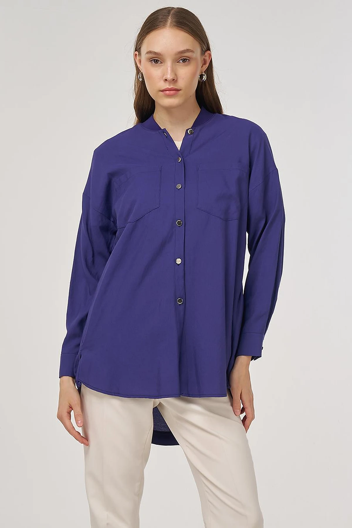 College Collar Linen-Viscose Tunic Navy