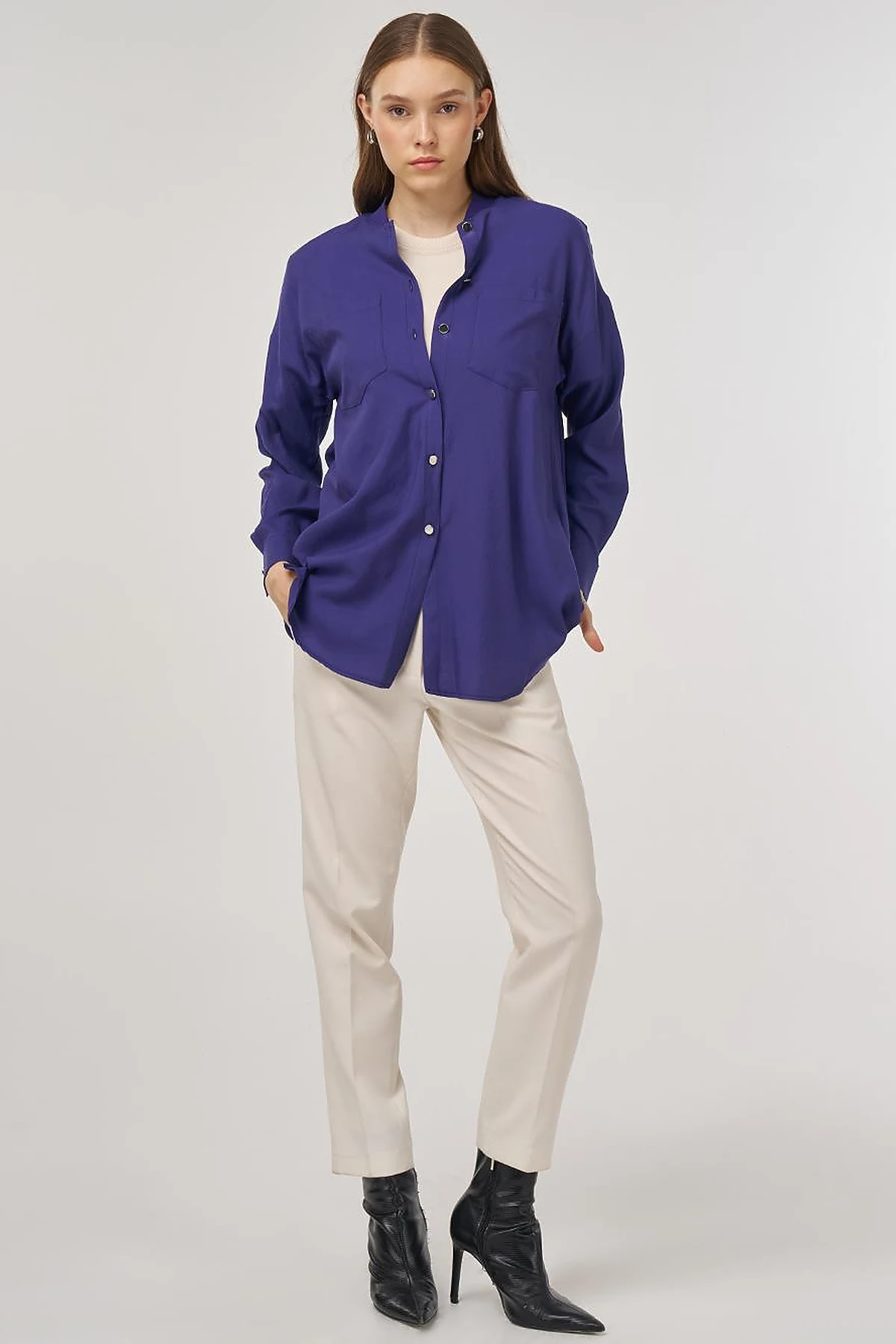 College Collar Linen-Viscose Tunic Navy