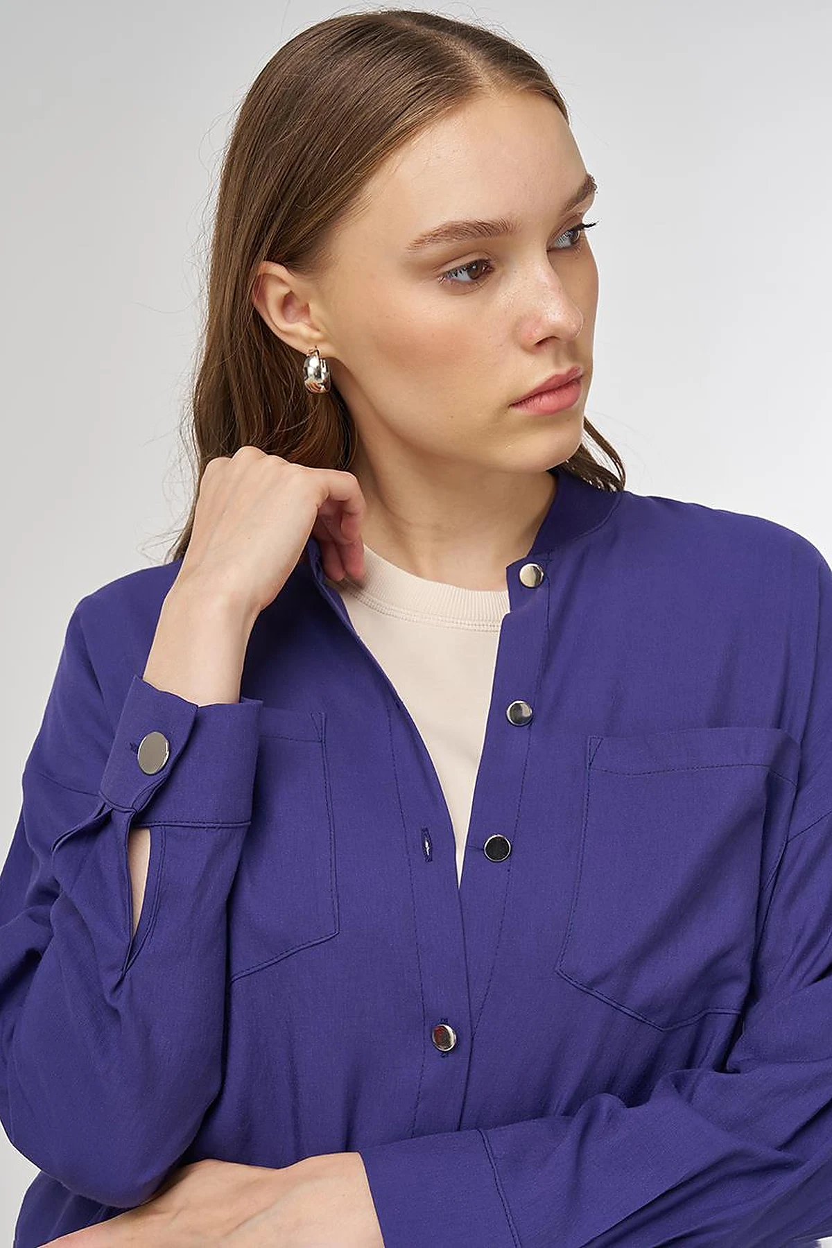 College Collar Linen-Viscose Tunic Navy