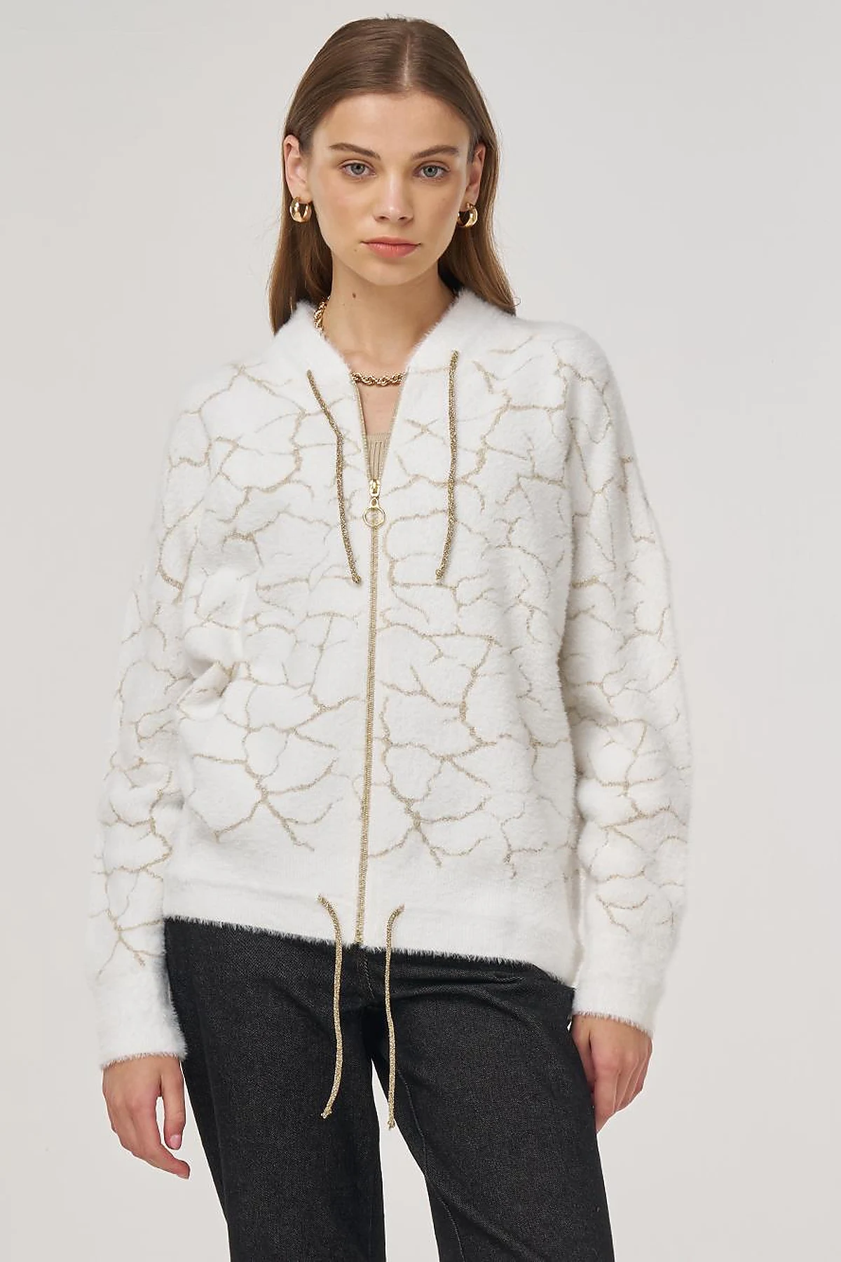 Marble-Pattern Knit Cardigan Ecru 