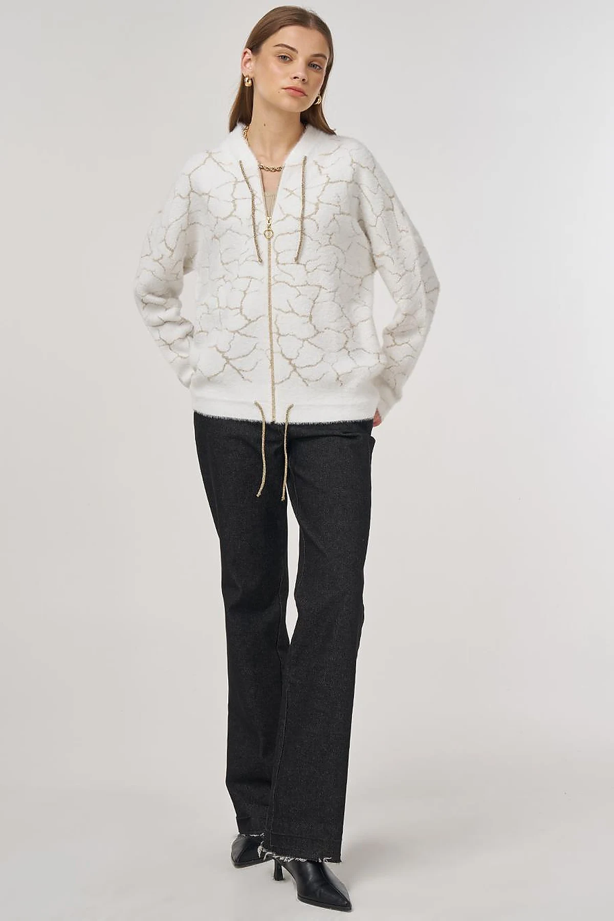 Marble-Pattern Knit Cardigan Ecru 